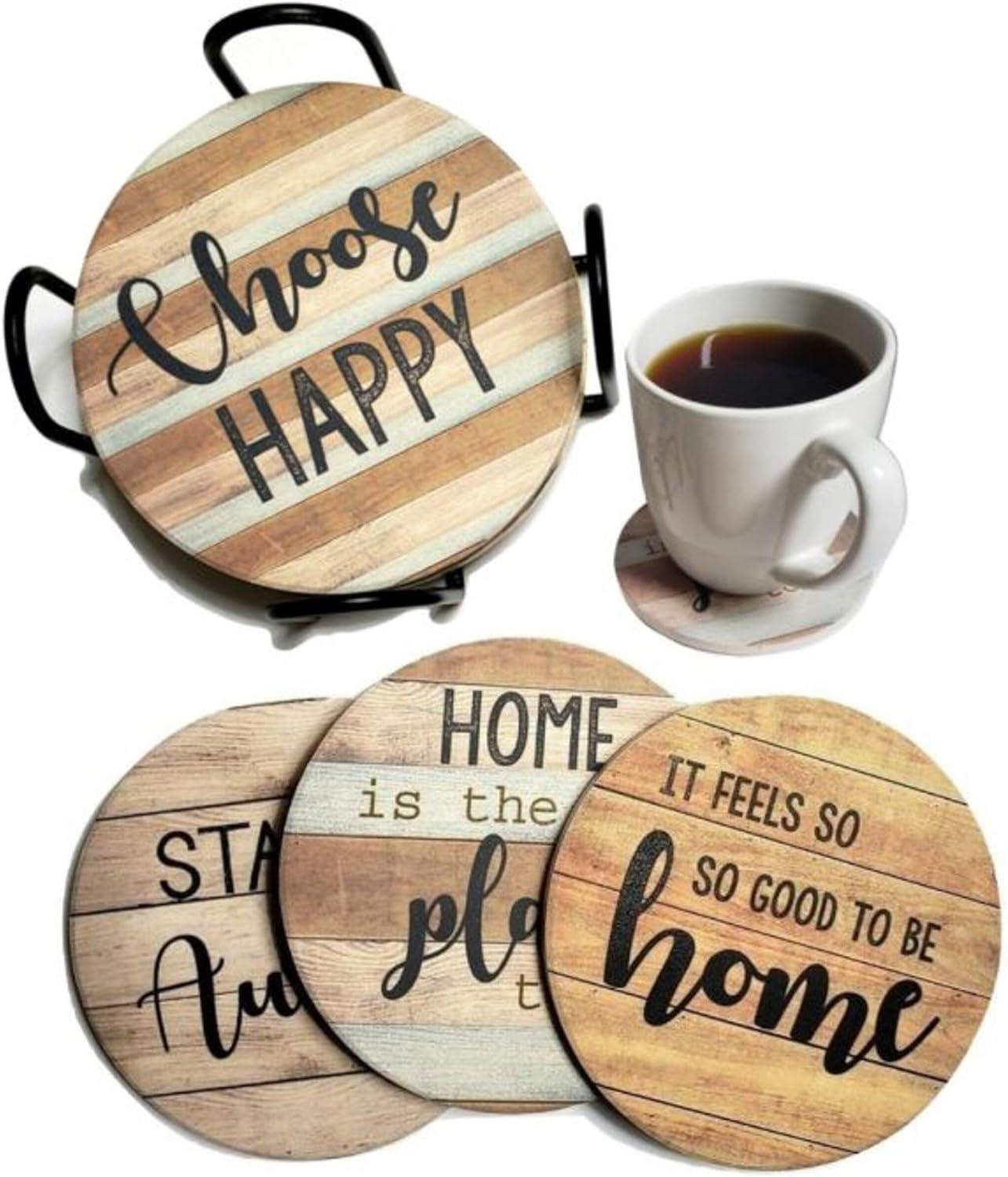 PANCHH Rustic Farmhouse Stone & Cork Coasters for Drinks, Absorbent - Set of 6 Coasters with Holder - Best Housewarming Gifts for New Home Ideas - Cute Kitchen and Coffee Table Décor & Accessories