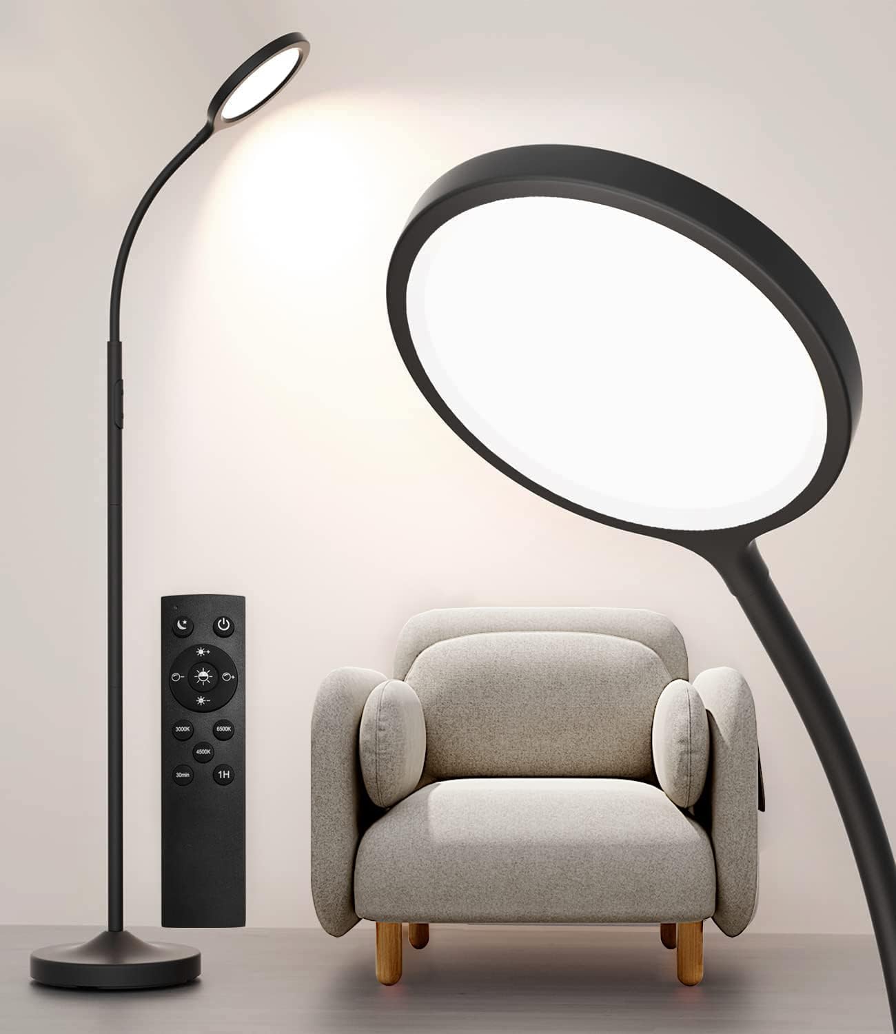 Floor Lamp,Super Bright Dimmable LED Lamps for Living Room, Custom Color Temperature Standing Lamp with Remote Push Button, Adjustable Gooseneck Reading Floor Lamp for Bedroom Office Black