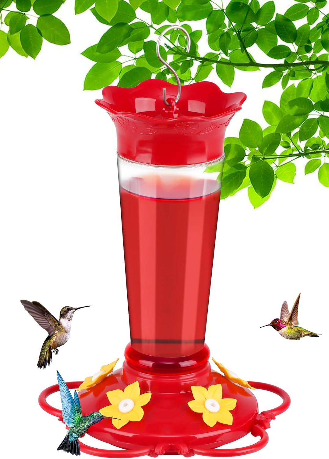 FEED GARDEN 10 OZ Hummingbird Feeders for Outdoors Hanging Ant and Bee Proof, Plastic Humming Birds Feeders for Outside with 5 Feeding Ports, Red Hanging Mount Hummingbird Feeder Easy Clean