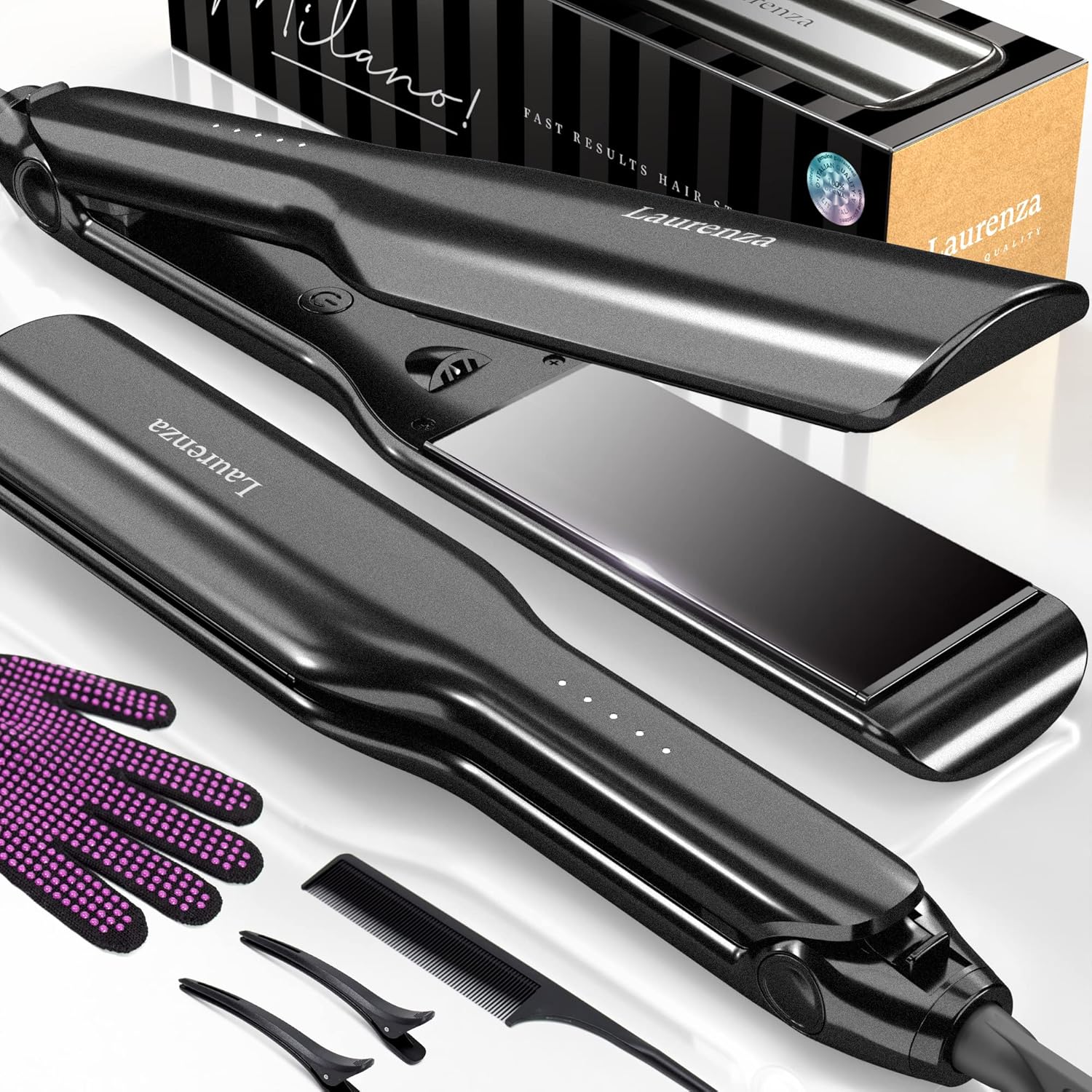 Milano by Laurenza Hair Straightener and Curler 2 in 1, SuperMax Design 8.5 Inch Extra-Large 3D Floating Ceramic Flat Iron, Dual Voltage Straightening Irons with 20 Million cm Anion Outlet (Black)