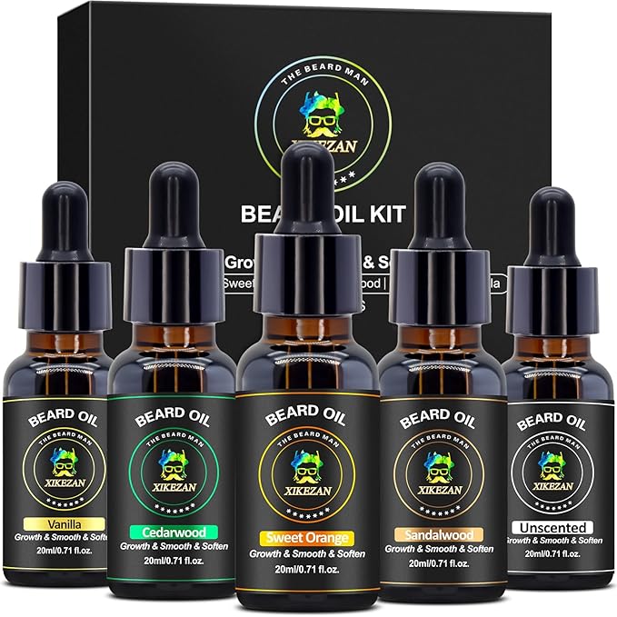 XIKEZAN 5 Pack Beard Oil Set w/Sandalwood,Orange,Vanilla,Cedarwood,Christmas Stocking Stuffers Fathers Valentines Day Gifts for Men Him Dad Boyfriend Husband,Beard Growth,Soften,Moisturizing,Strength