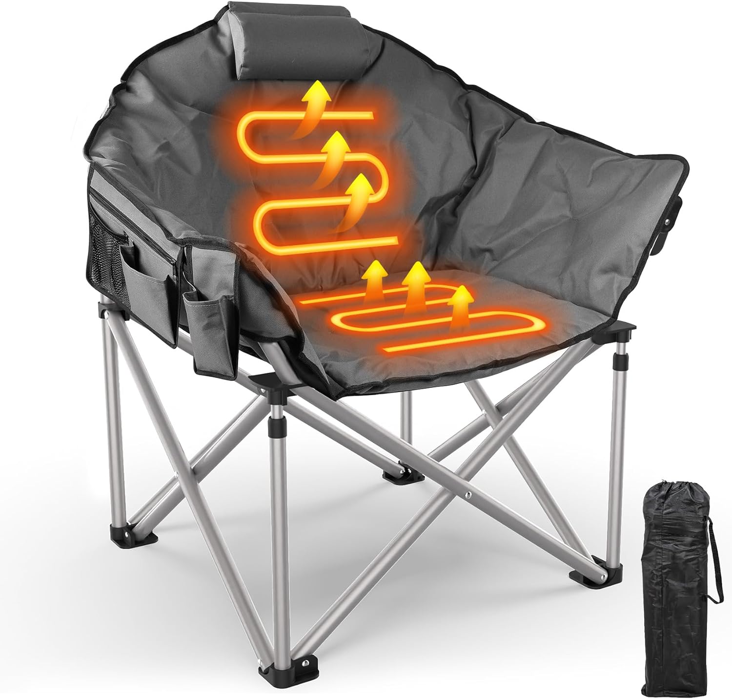 Slendor Heated Camping Chair Oversized, Padded Heated Chair Outdoor Sports, 3 Heating Levels Adjustable Camping Chairs for Adults with Pillow, Storage Bag, Folding Outdoor Chair, Grey