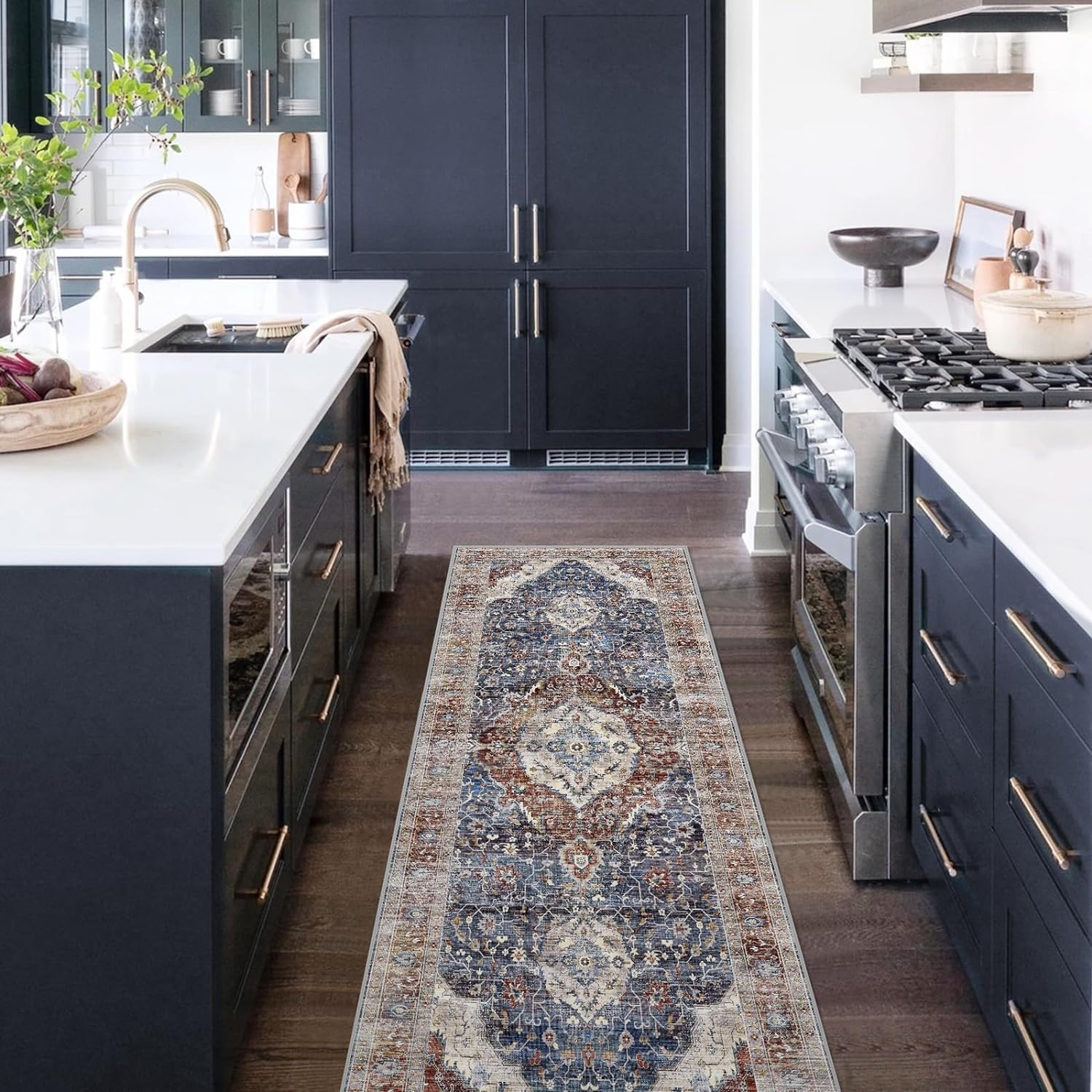 Deerly 2x7 Rugs Runner Bohemian Kitchen Runner Rug Floral Keep Off Rug Rug Soft Low Pile Non-Slip Rug Runners for Hallways Long Rug for Bedroom(Border Brown/Navy Blue 2x7ft)