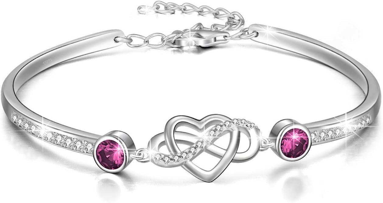 AOBOCO 925 Sterling Silver Infinity Endless Love Heart Birthstone Bangle Bracelet - I Love You Forever Series Adjustable 6-8 in Bracelet with Crystals from Austria Romantic Birthday Jewelry Gift for Women Wife Girlfriend