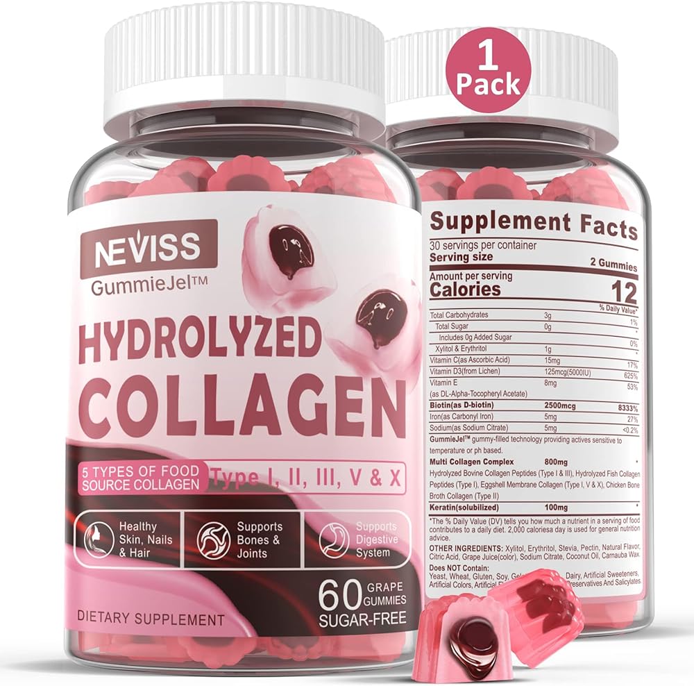 Sugar Free Hydrolyzed Collagen Gummies 800mg Multi Peptides Type I II III V & X, Plus Biotin, Keratin & Vitamin for Women Men Healthy Skin Hair Nails, Beauty Support, Bone & Joint Support, No-Gelatin