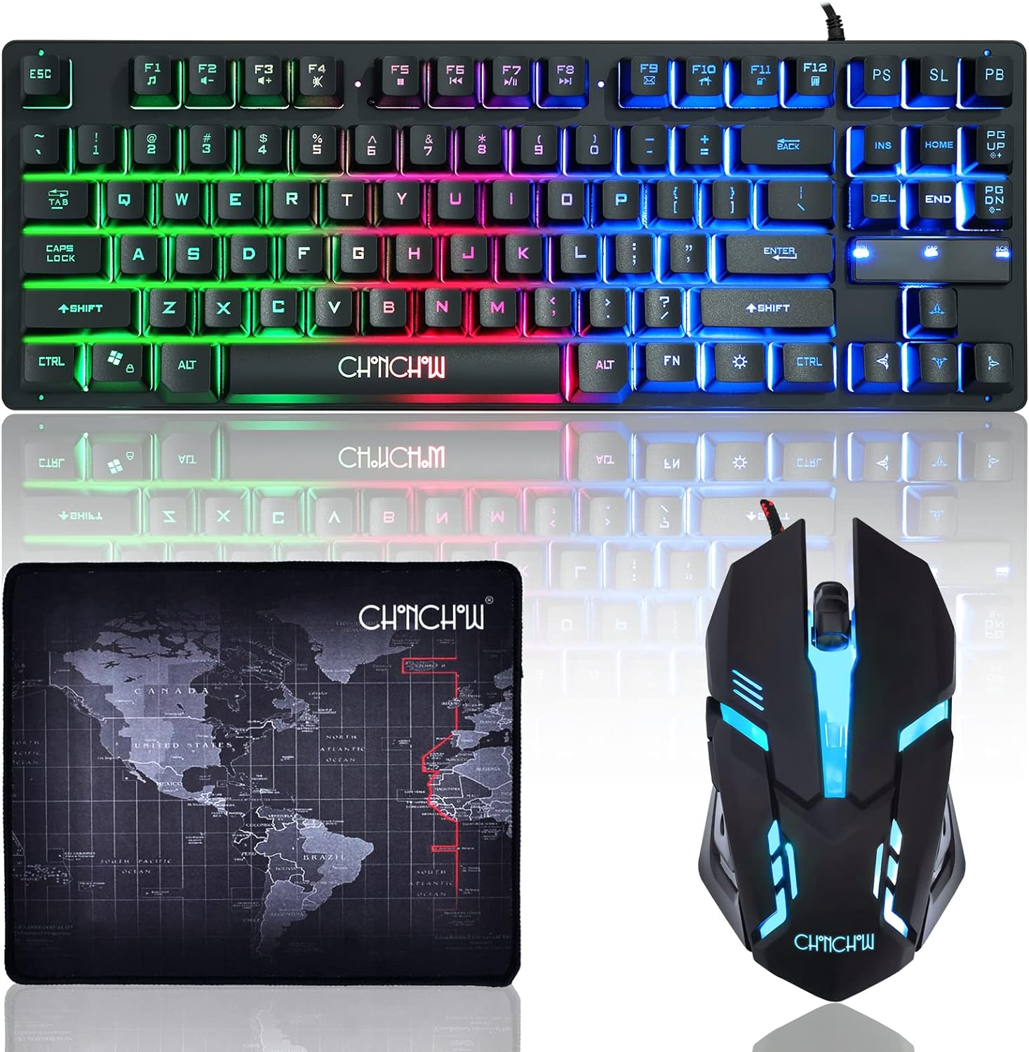 CHONCHOW 87 Keys TKL Gaming Keyboard and Mouse Combo, Wired LED Rainbow Backlit Keyboard 800-3200 DPI RGB Mouse, Gaming for PS4 Xbox PC Laptop Mac