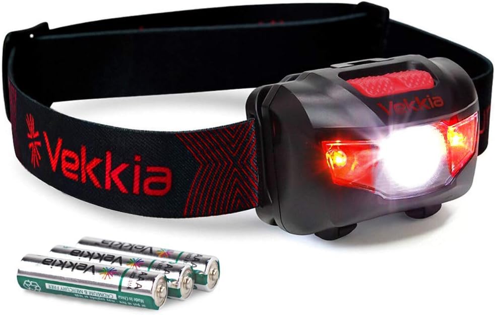 Vekkia Ultra Bright LED Headlamp-5 Lighting Modes,White & Red LEDs Head Lamp, Camping Accessories Gear. IPX6 Waterproof Headlight for Running,Cycling,Fishing,Hiking,Repairing. Batteries Included