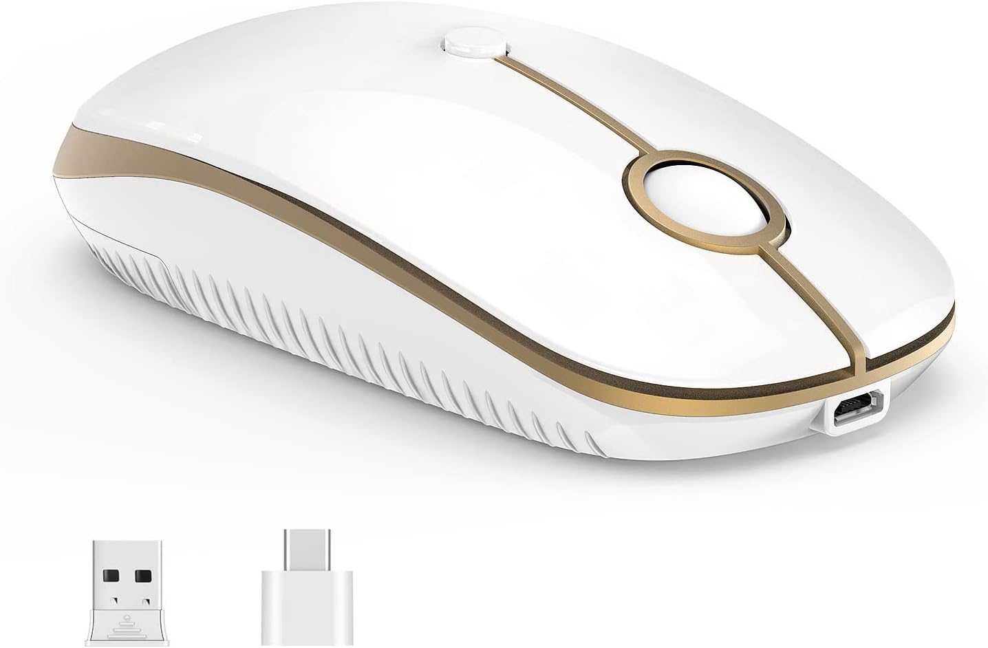 VssoPlor Type C Wireless Mouse USB C MacBook Mouse Dual Mode 2.4G Cordless Mice with Nano USB and Type C Receiver Compatible with PC, Laptop, MacBook and All Type C Devices-White and Gold