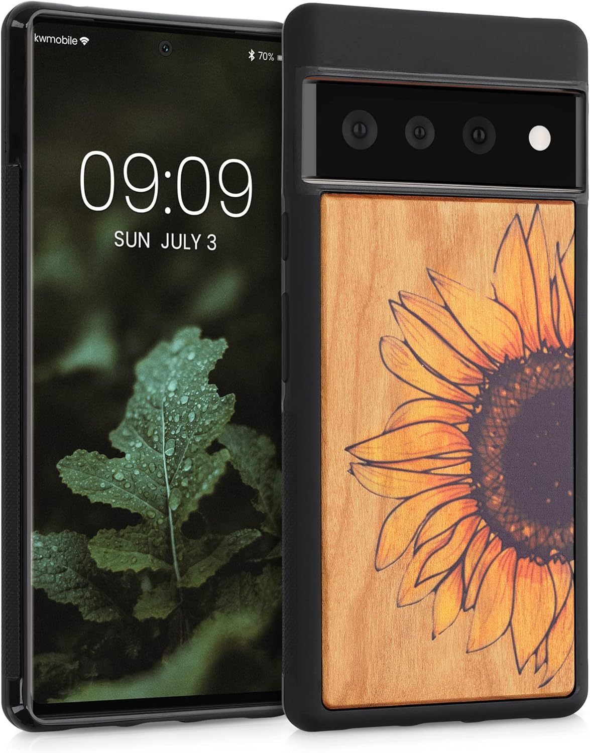 kwmobile Wood Case Compatible with Google Pixel 6 Pro Case - Cover - Wood Sunflower Yellow/Dark Brown/Light Brown