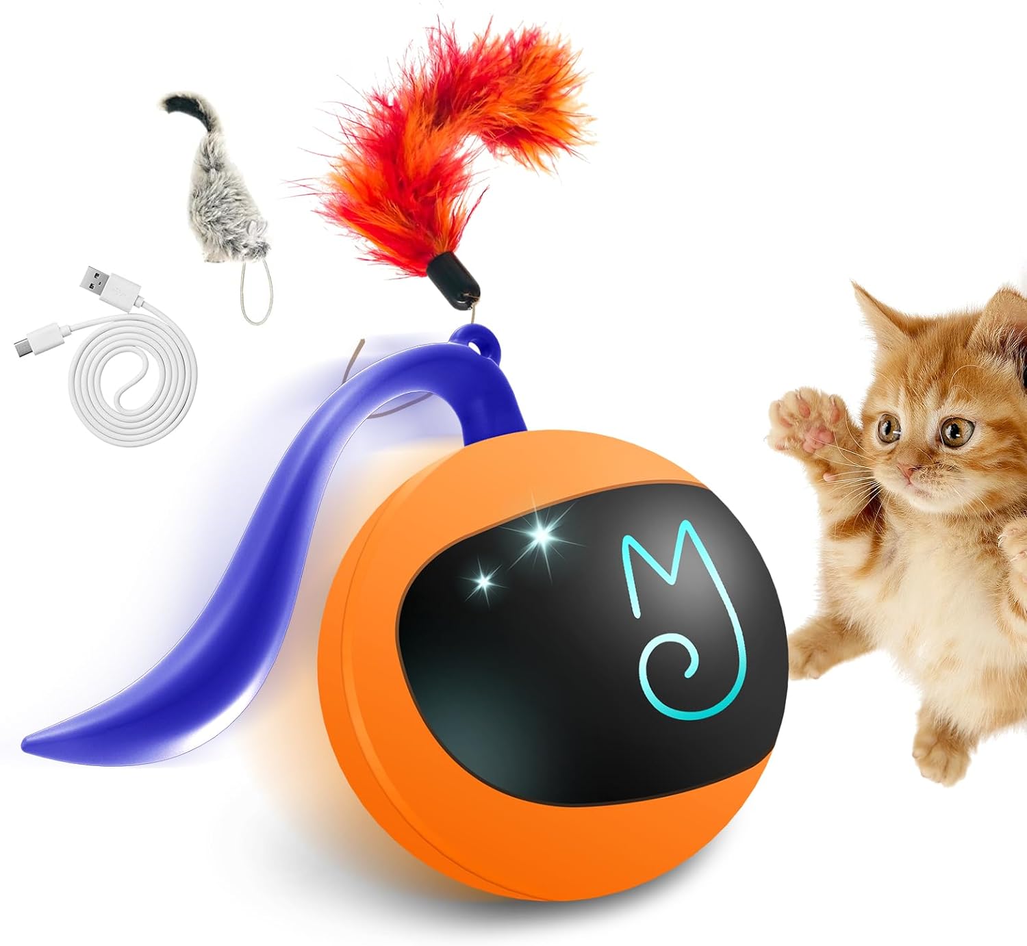 Migipaws Interactive Cat Ball Toy Set, Fun Tracker, Automatic Rolling Chase Ball with Fluffy Tail, A Small Mice, Rechargeable��Orange��