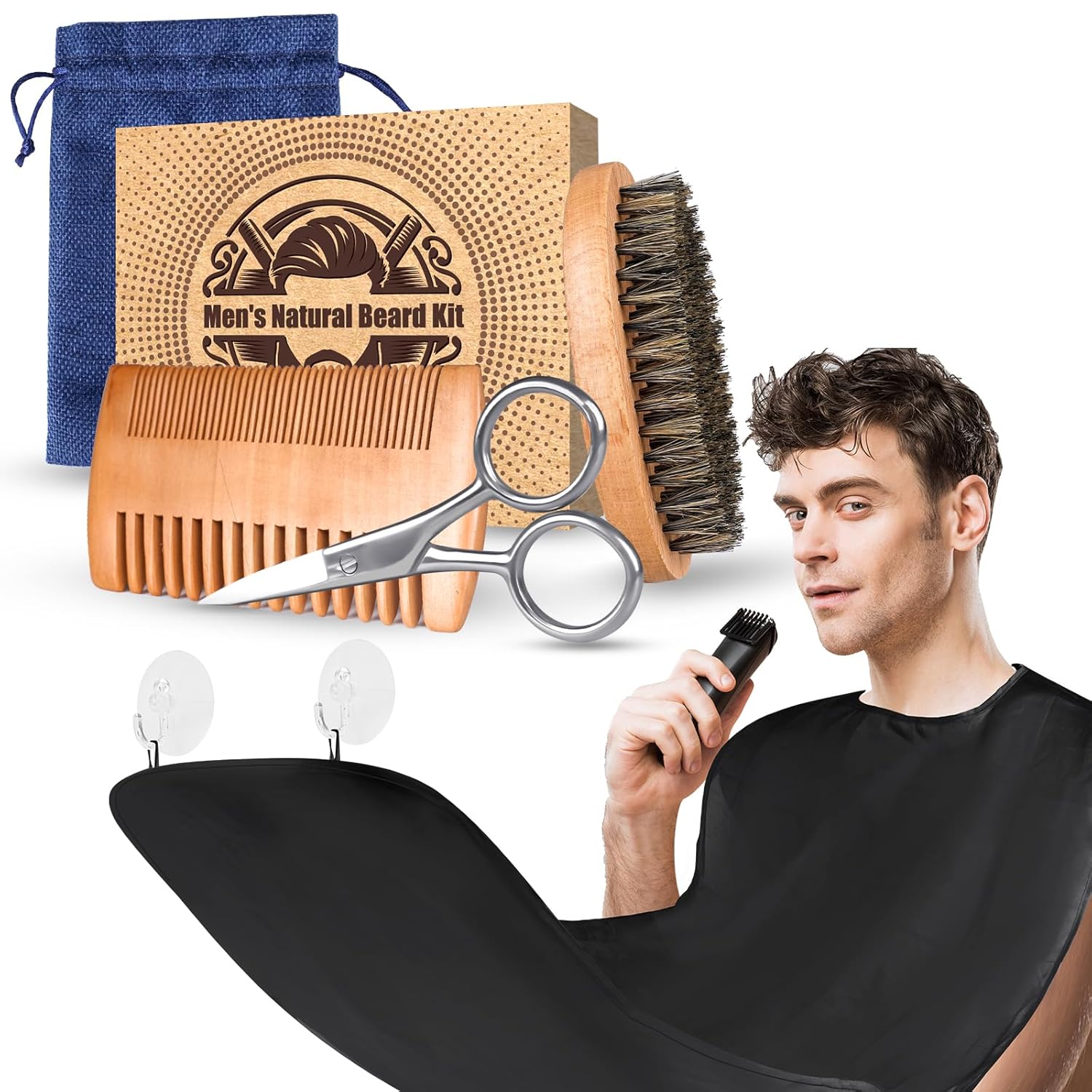 Husband Dad Men Gifts for Fathers Day, Beard Brush Mustache Comb Beard Scissors & Beard Bib Apron Hair Trimming Catcher, Natural Boar Bristle Brush & Dual Action Comb, Beard Care Kit Grooming Set