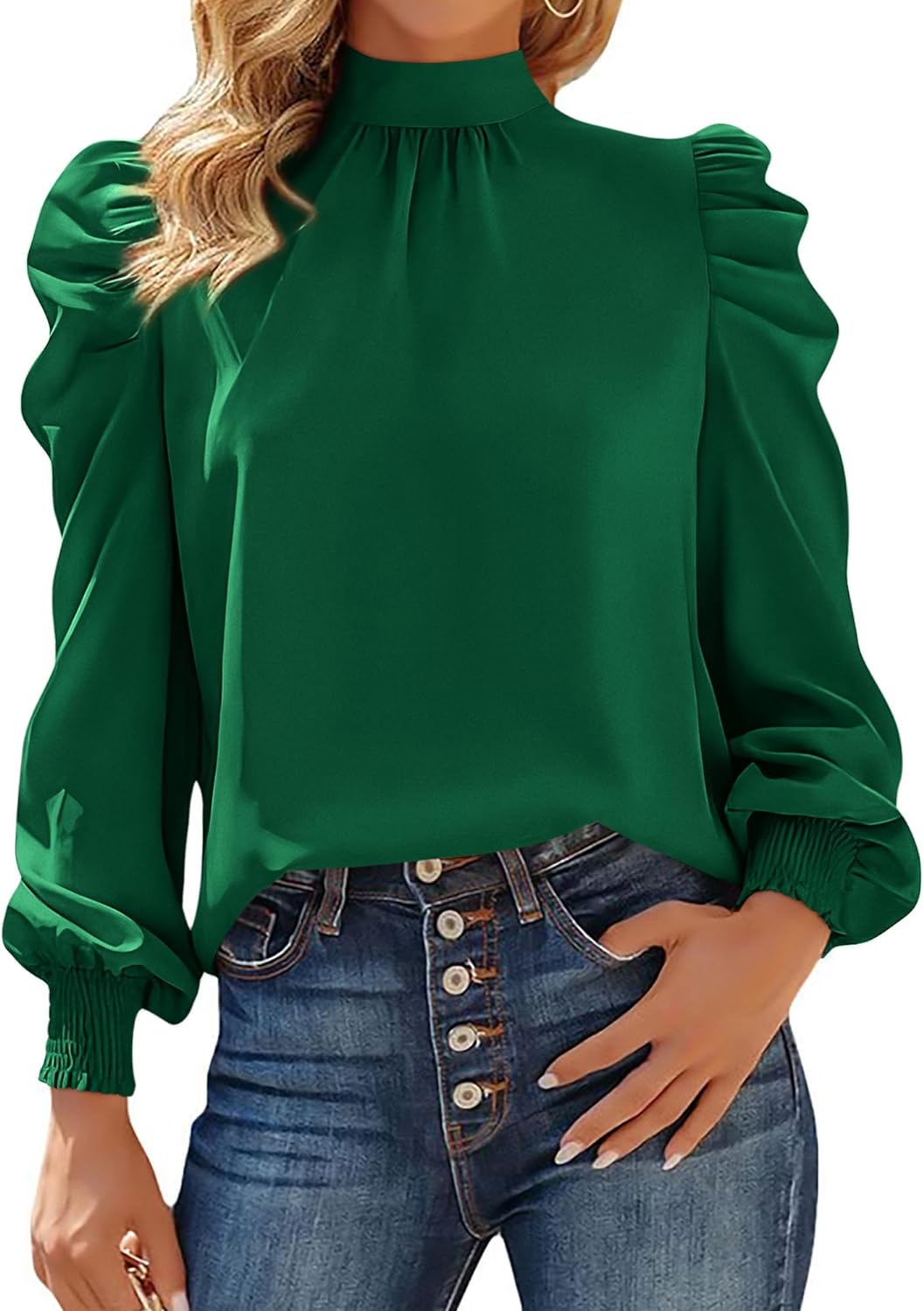 BTFBM Women Satin Mock Neck Long Sleeve Blouses Smocked Puff Sleeve Shirts Business Casual Tops Work Dressy Top Blouse