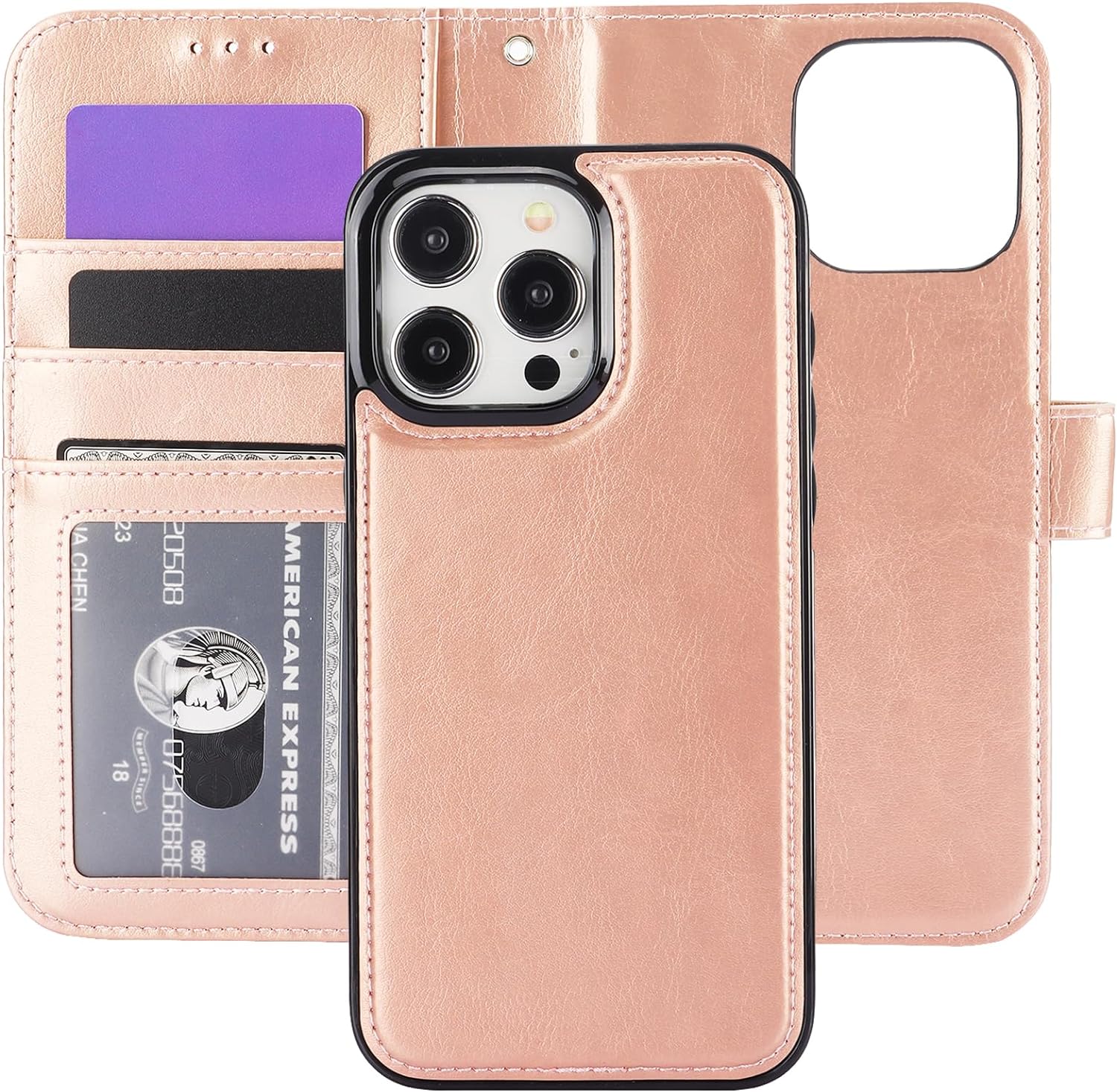 Bocasal Detachable Wallet Case for iPhone 15 Pro Max RFID Blocking Card Slots Holder Premium PU Leather Magnetic Kickstand Shockproof Wrist Strap Removable Flip Cover 5G 6.7 inch (Rose Gold)