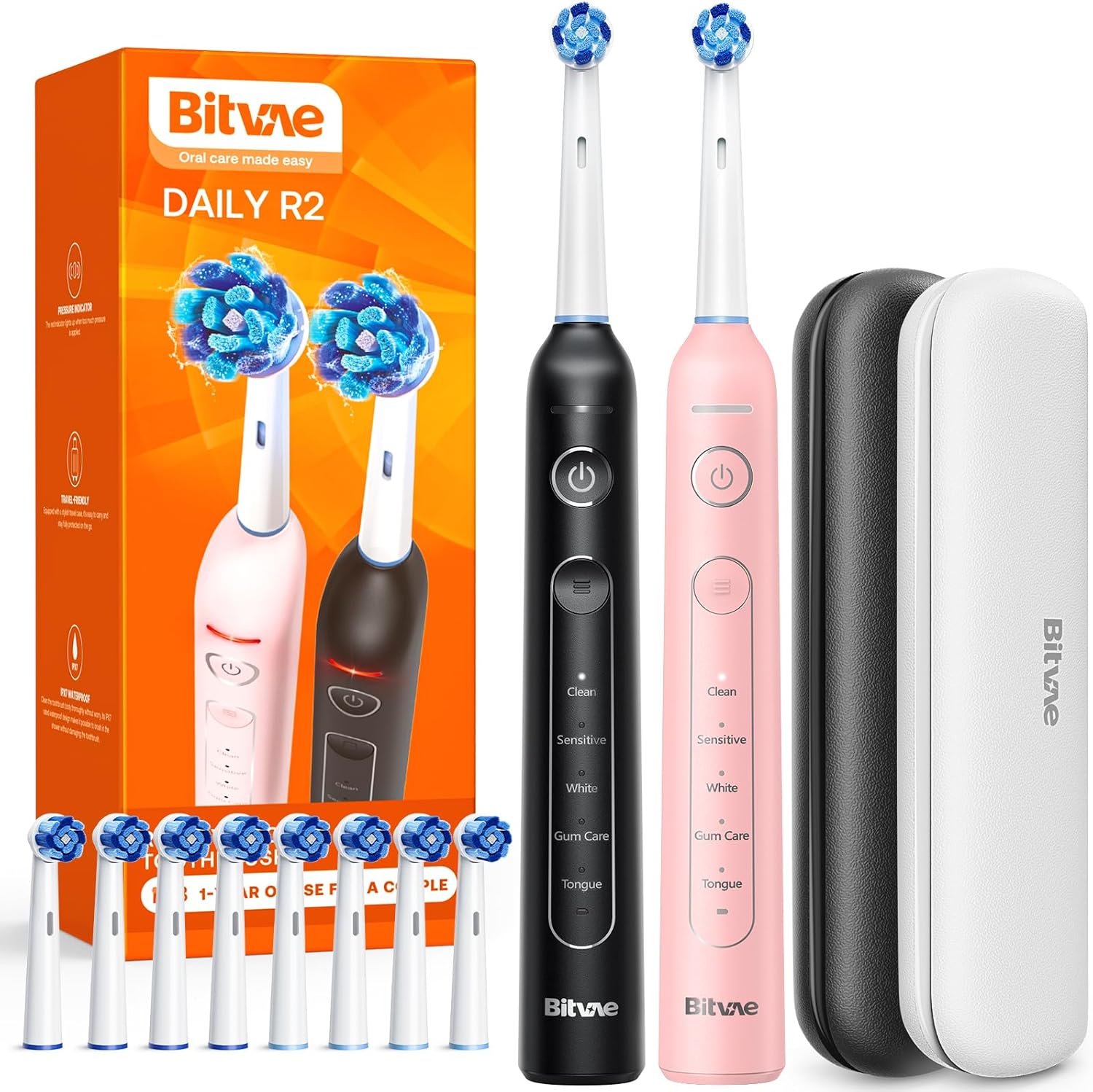 Bitvae Rotating Electric Toothbrush 2 Packs for Adults with Pressure Sensor, Gifts for Men/Women, 5 Modes Rechargeable Power Toothbrush with 8 Brush Heads, Black & Pink, R2