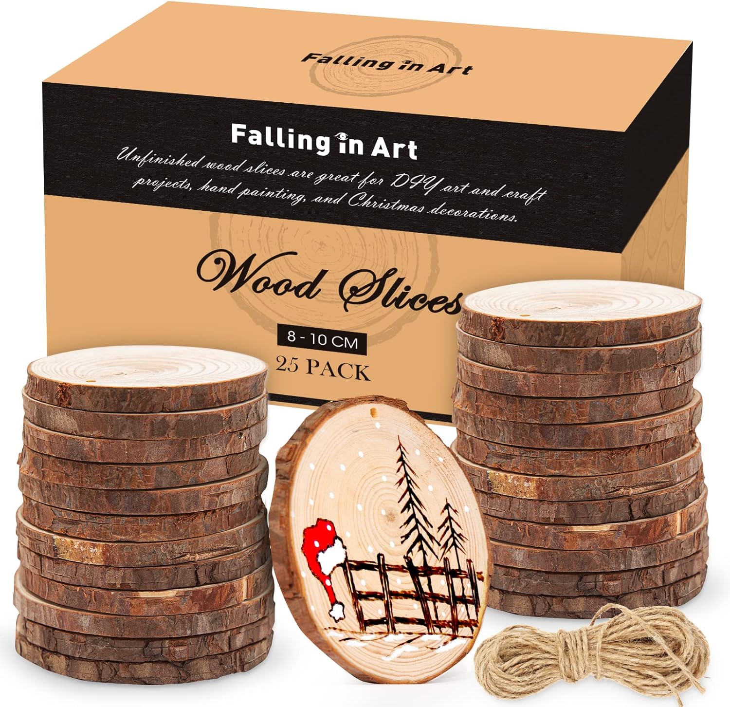 Falling in Art 3.1-4 Inches Natural Wood Slices Set for Crafts - 25Pcs Round Wood Discs with Pre-drilled Hole for DIY Projects, Christmas Ornaments and Wedding Decoration