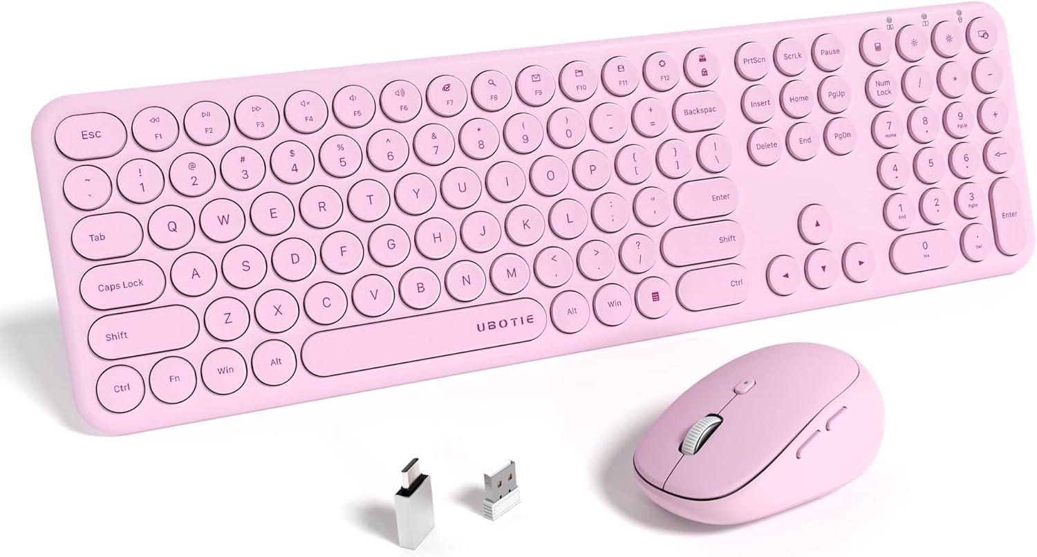 UBOTIE Wireless Computer Keyboards and Mouse Combo, Quiet Scissor Switch Slim Keyboards Mice Set, Full Size 111 Round Keycaps with Adjustable DPI Mouse, Power Button for Laptop PC (Sakura Pink)