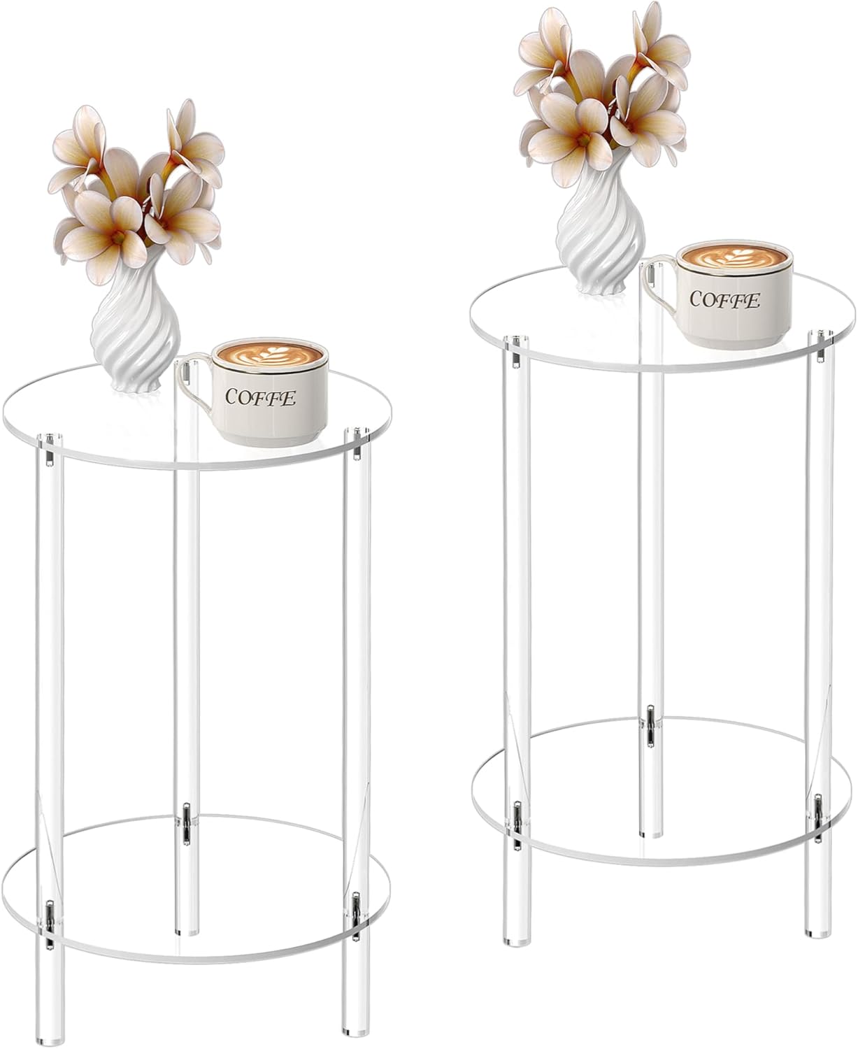 HMYHUM Acrylic Round Side Table Set of 2, 11.8 L x 11.8 W x 20.2 H, Clear Small End Table for Small Spaces, 2-Tier Nightstand/Bedside Table for Living Room, Bedroom, Modern