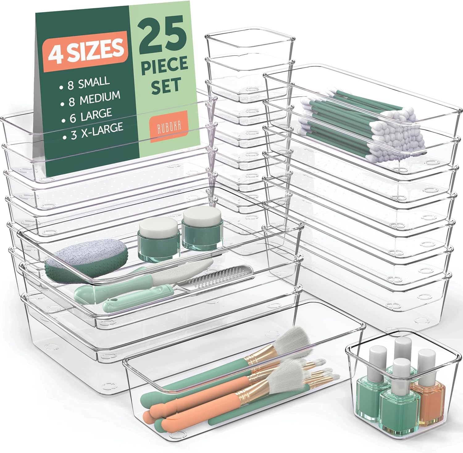 25 PCS Clear Plastic Drawer Organizers Set, 4 Sizes Clear Drawer Organizers & storage Bins for Makeup/Jewelry Vanity, Kitchen Gadgets Or Office Desk. Bathroom Drawer Organizer Trays With Non-Slip Pads