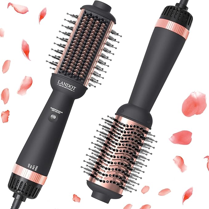 LANDOT Hair Blow Dryer Brush Straightener: Gold Hot Air Brush Volumizer - One-Step Hairdryer and Styler for Drying Straightening Volumizing Women Hair