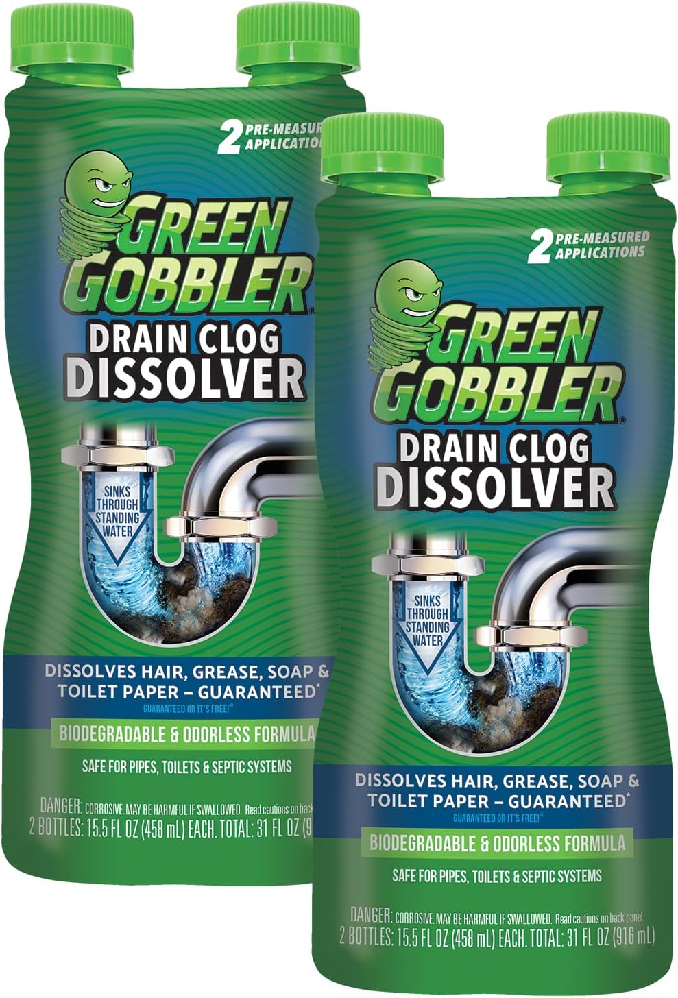 Green Gobbler Liquid Hair Drain Clog Remover & Cleaner, For Toilets, Sinks, Tubs - Septic Safe, 2 Pack