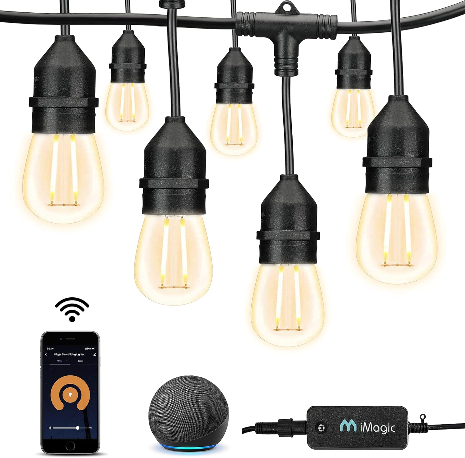 iMagic Outdoor String Lights, Warm White Patio Lights Smart String Lights, Compatible with Alexa/Google Assistant, App Control, 2.4 GHz Only, IP65 Waterproof, Meet to U.S. Standards