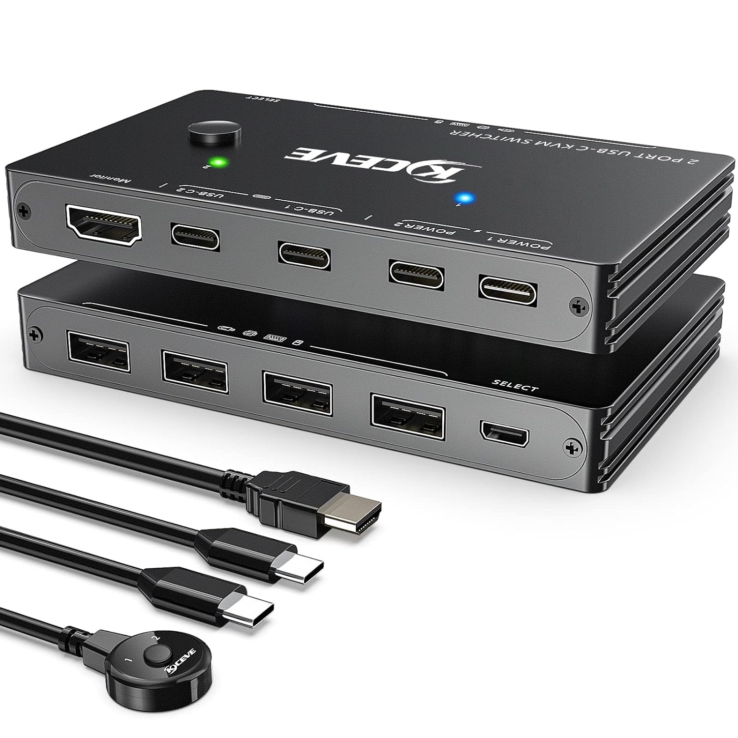 USB-C KVM Switch, KCEVE 2 Ports KVM Type-C Switcher Box Support 4K@60Hz for 2 Computers Share Keyboard Mouse and Monitor, Suppprt 87W PD Fast Charging