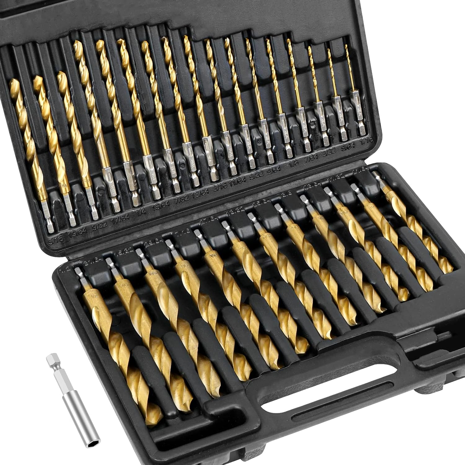 TICONN 30 PCS Titanium Coated Drill Bit Set with Hex Shank, 135 Degree Tip High Speed Steel Drill Bits Kit with Storage Case for Steel, Aluminum, Copper, Soft Alloy Steel Size from 1/16 to 1/2