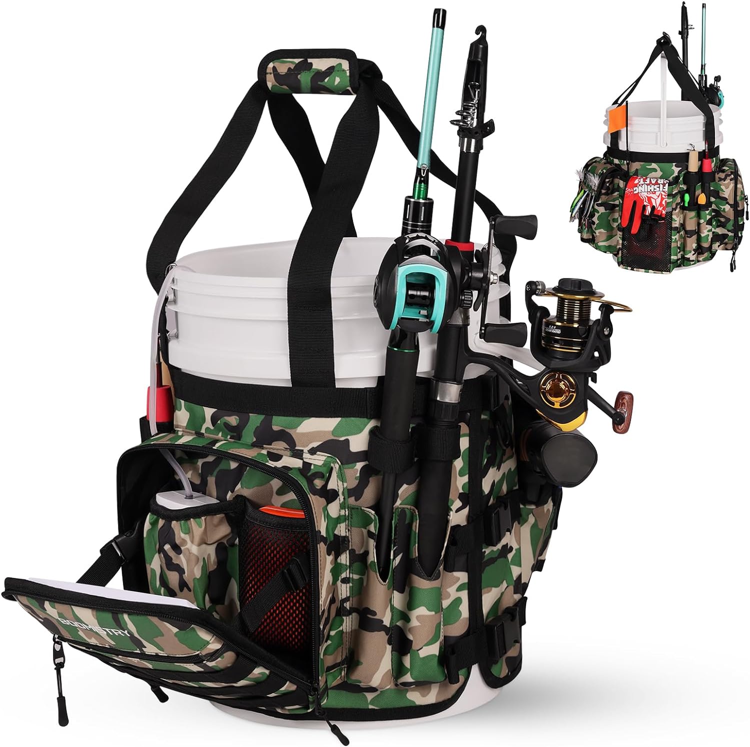 Fishing Bucket Organizer for 5 Gallon Bucket Accessories, Fishing Tackle Bag with Adjustable Buckle, Fishing Rod Bag with 15 Multi-Pockets for Fishing Gear and Equipment (Green Camo)