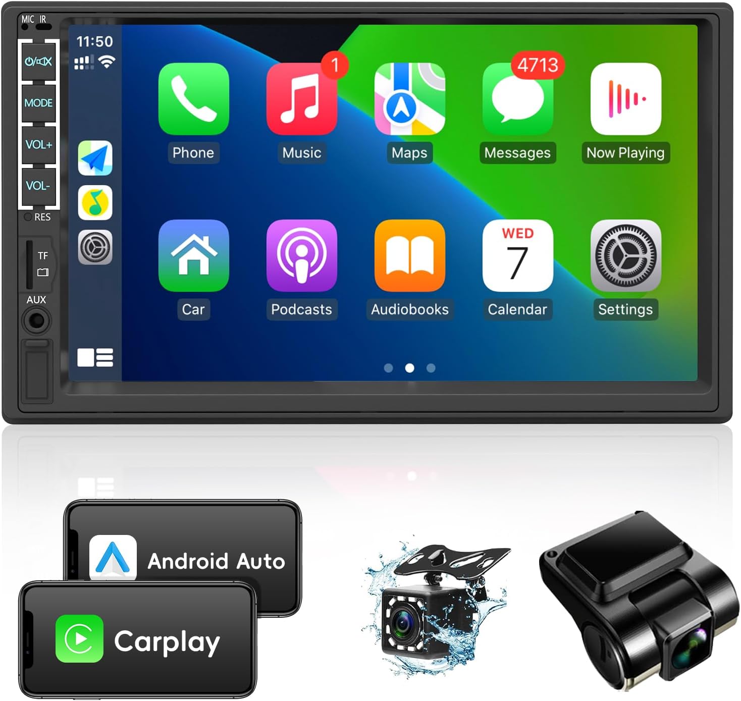 Leadfan Double Din Car Stereo with Dash Cam&Camera, Apple Carplay&Android Auto, 7 Inch Touchscreen Double Din Radio Car Audio Receivers, Bluetooth, Voice Control, MirrorLink, FM/USB/TF/AUX/Subwoofer