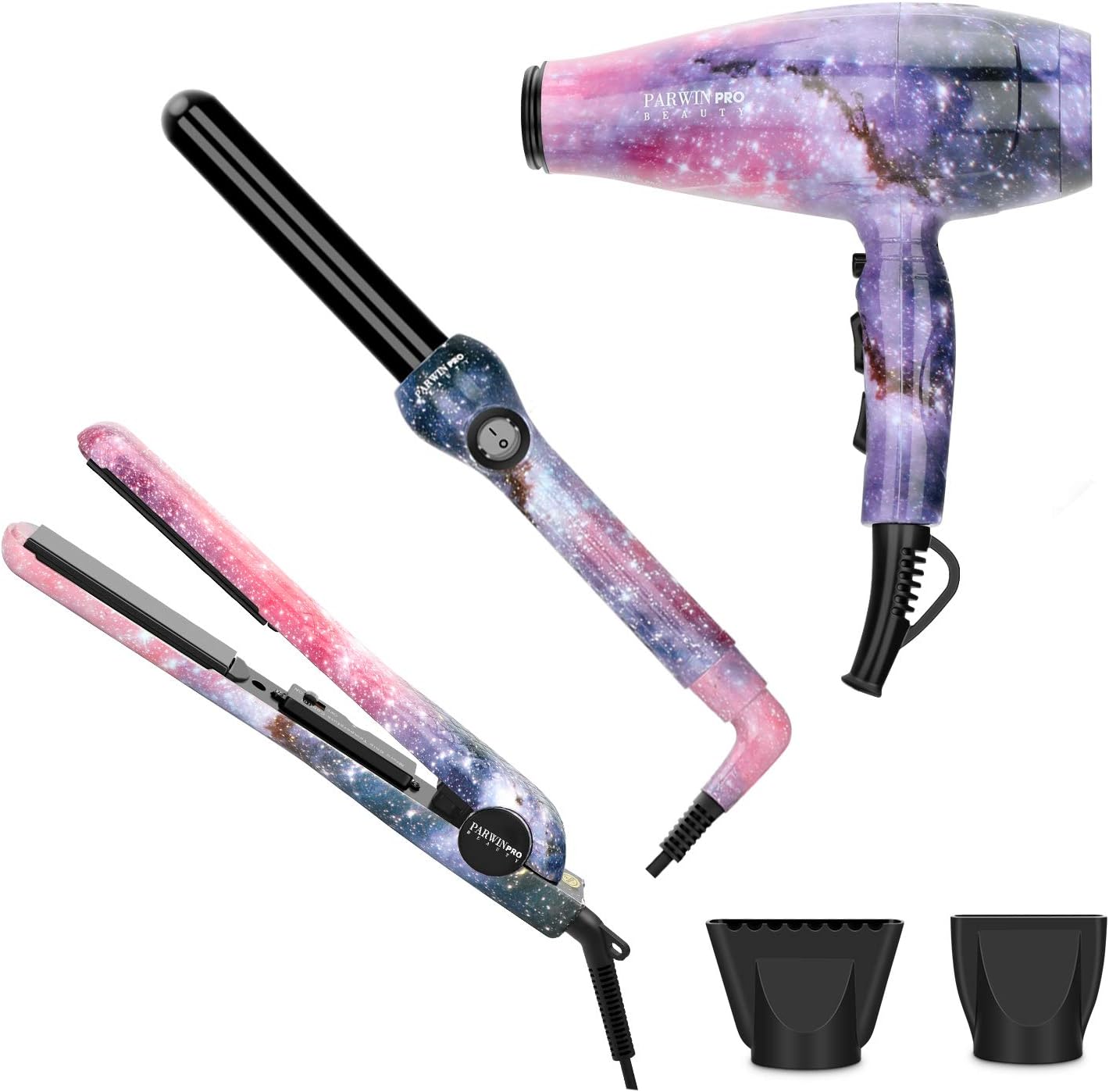 PARWIN PRO BEAUTY Hair Styling Set - 1875w Professional Hair Dryer - 1 Inch Titanium Curling Iron- 1 Inch Anti-Static Hair Straightener- Negative Ionic Technology - Pack of 3, for All Hair Types