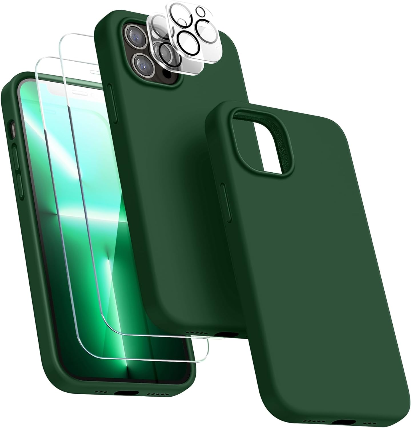 Dssairo [5 in 1 for iPhone 13 Pro Case, with 2 Pack Screen Protector + 2 Pack Camera Lens Protector, Liquid Silicone Ultra Slim Shockproof Protective Phone Case [Microfiber Lining] 6.1- Alpine Green