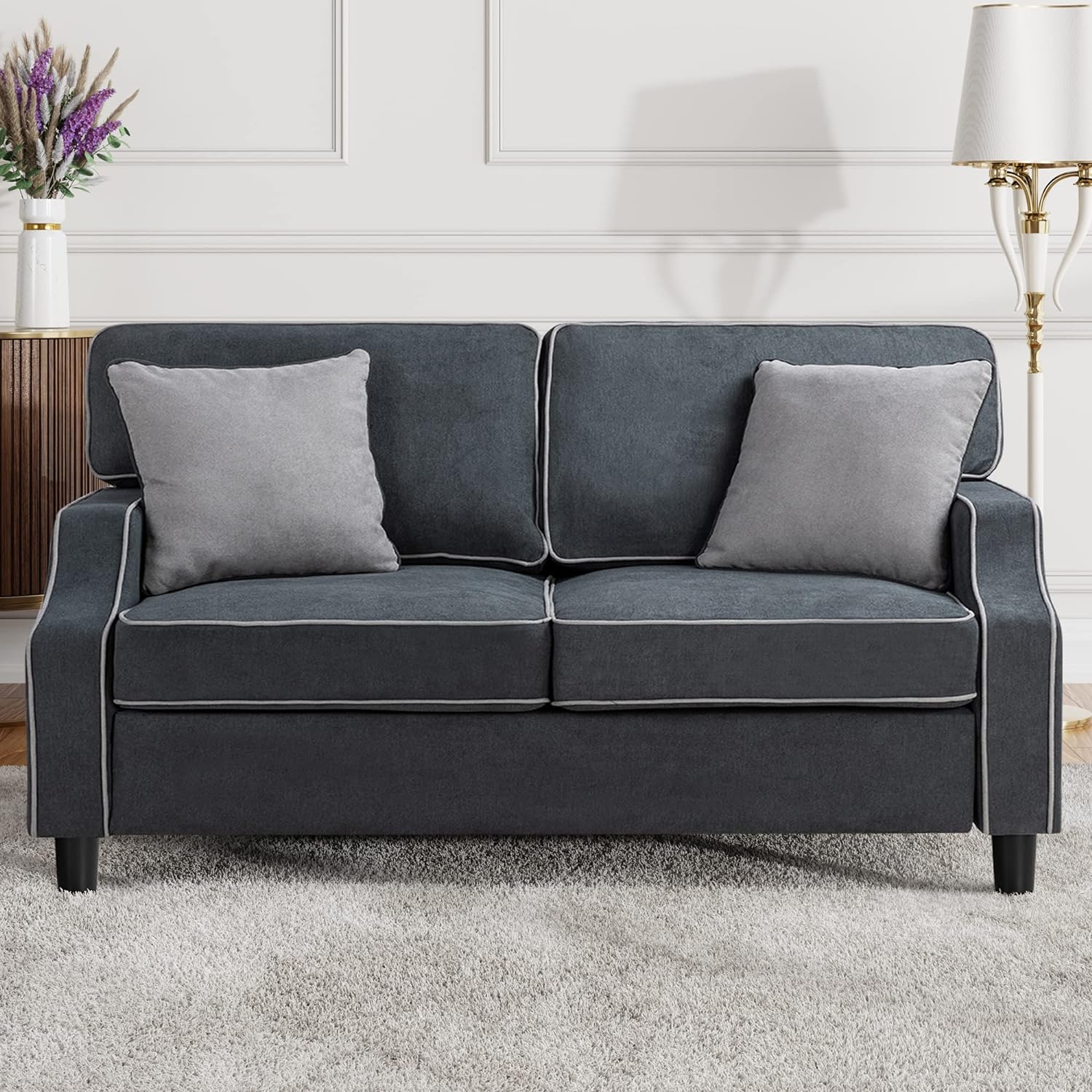 Shintenchi 56Small Modern Fabric Sofa Couch,Mid Century Linen Upholstered Fabric 2-Seat Sofa Loveseat Furniture with Pillow for Small Living Room, Apartment, Small Space, Dark Gray