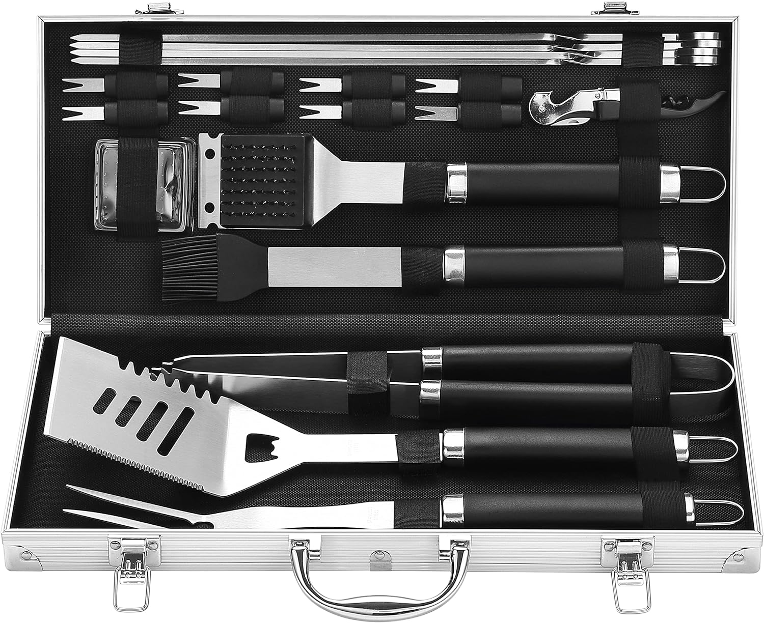 grilljoy 20PCS Heavy Duty BBQ Grill Tools Set - Extra Thick Stainless Steel Spatula, Fork& Tongs. Complete Barbecue Accessories Kit in Aluminum Storage Case - Perfect Grill Gifts for Men