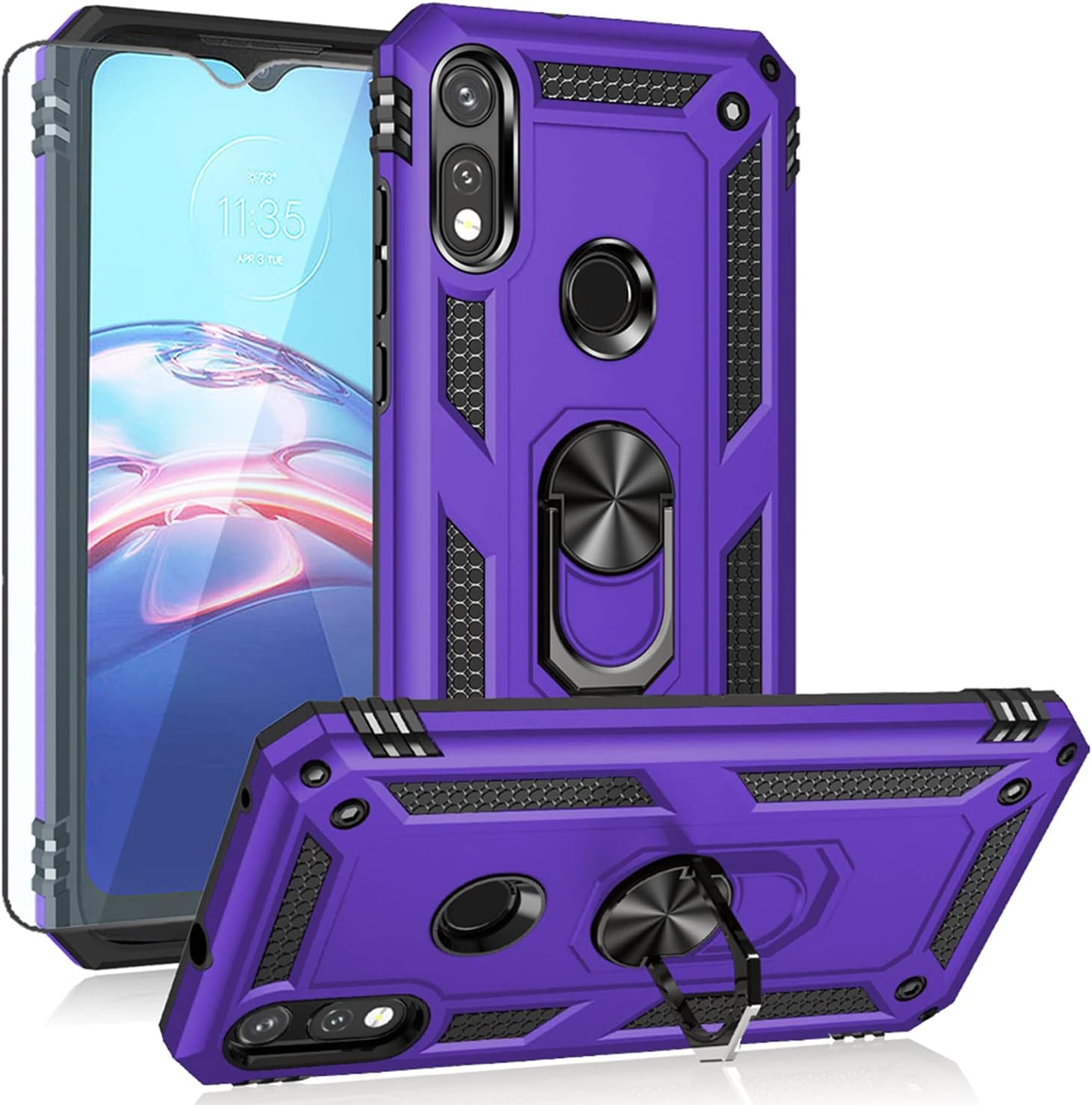 Compatible with Moto E 2020 case,Motorola E case,with HD Screen Protector,[Military Grade] Ring Car Mount Kickstand Hybrid Hard PC Soft TPU Shockproof Protective Case for Motorola Moto E (Purple)