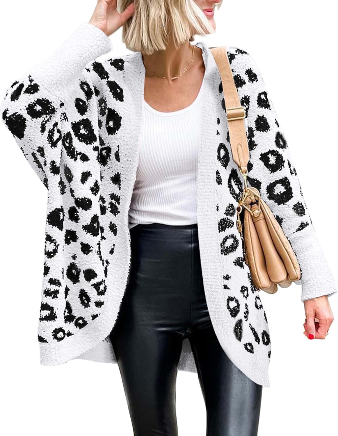 BTFBM Women Fashion Leopard Print Long Sleeve Sweater Cardigan Loose Knit Open Front Fall Winter Outwear Coats