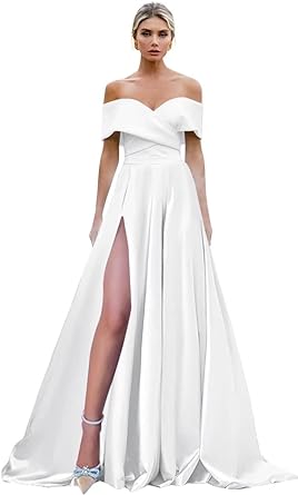 Off Shoulder Split Prom Dresses Long Satin Ball Gown Floor Length Formal Dress Evening Gowns Simple Wedding Dress for Women