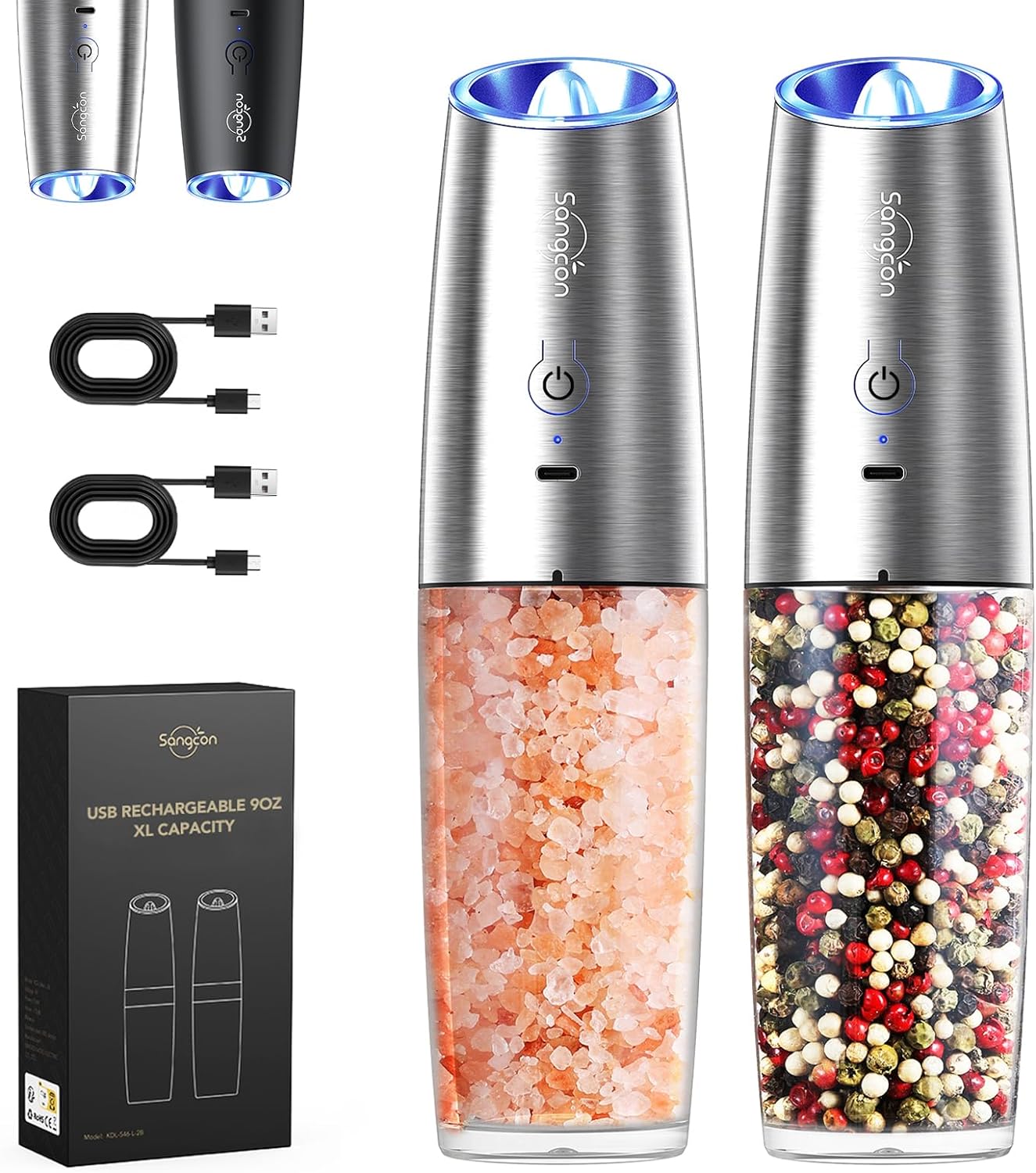 Sangcon Gravity Electric Salt and Pepper Grinder Set Shaker 𝐔𝐩𝐠𝐫𝐚𝐝𝐞𝐝 Rechargeable 9oz XL Capacity - USB-C No Battery Needed One Hand Operation Adjustable Coarsenes Automatic Mill