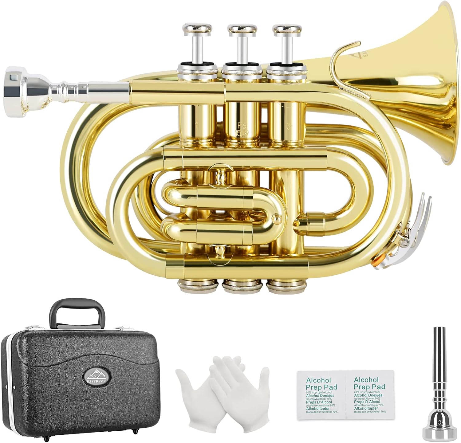 EASTROCK Pocket Trumpet Brass Bb Gold Lacquer Mini Trumpet with 7 C Mouthpiece, Hard Case, Strap, White Gloves, Cleaning Kit for Students and Beginners