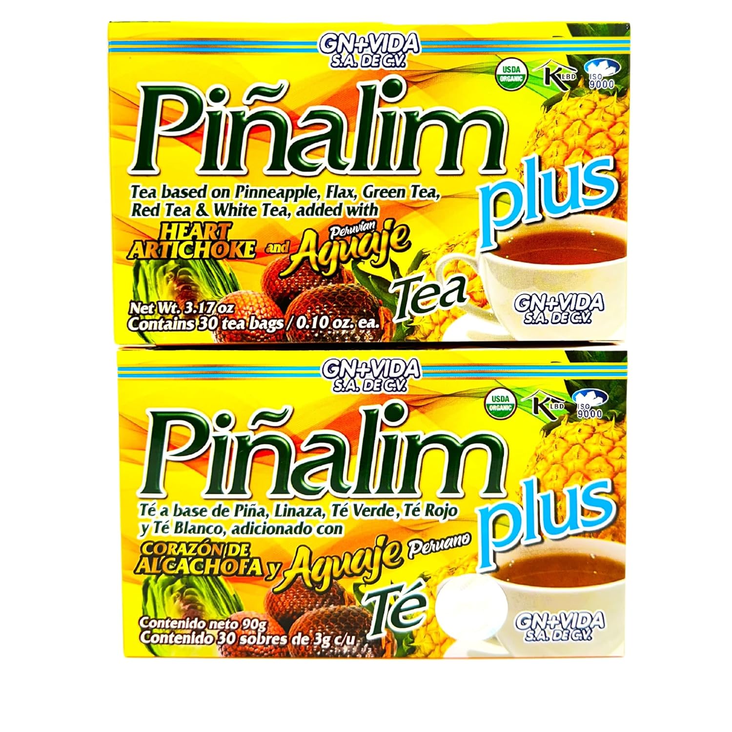 Pinalim Plus Tea Enhanced with Aguaje Peruano and Artichoke Heart la formula Original de Pinalim Mas Aguaje y Corazon de Alcachofa Mas Fuerte Healthy Antioxidant Formula, Caffeine Free All Natural Cleanse Digestive Tea Pack of 2 | 60 Ct.