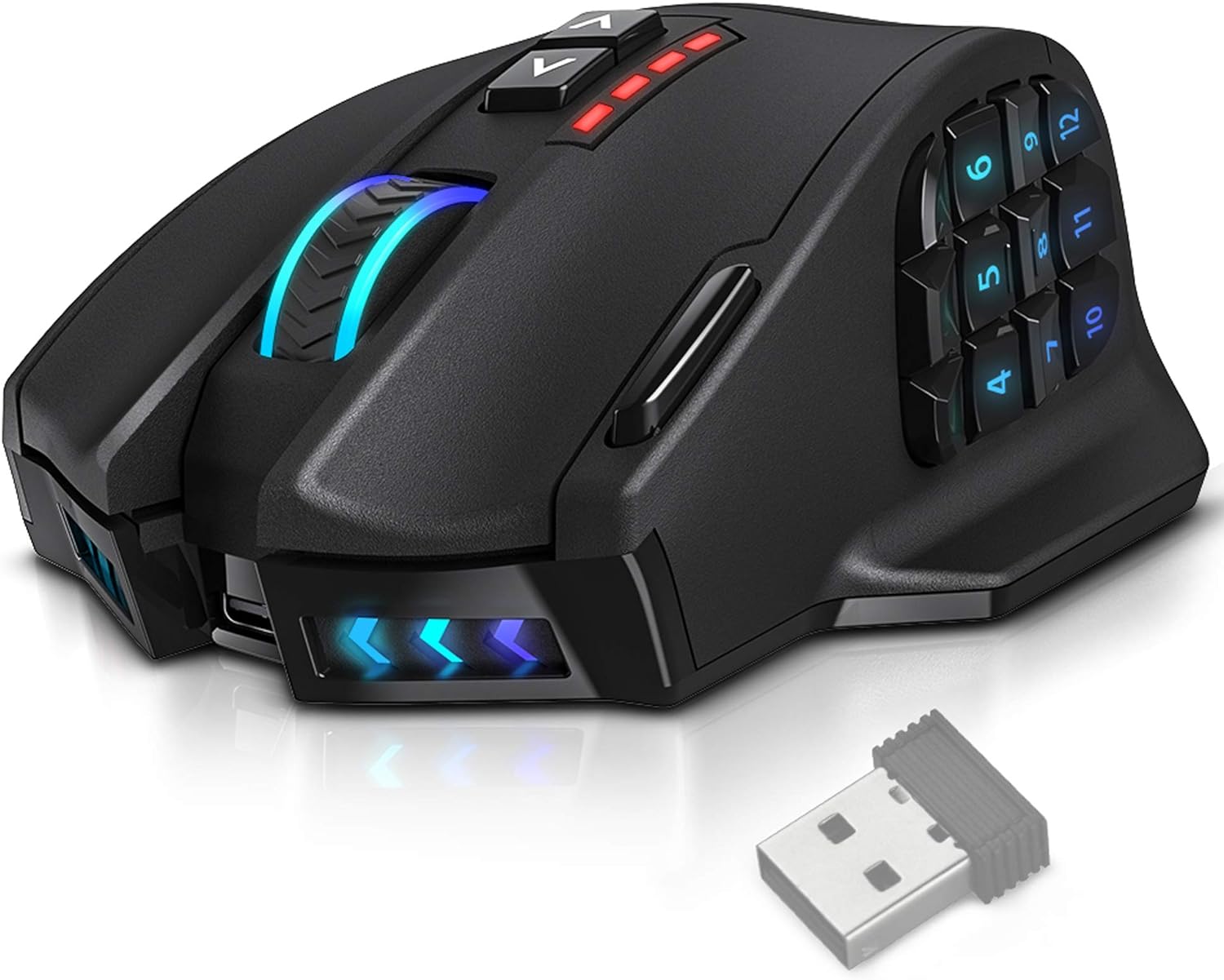 Overall, great mouse to use for gaming. The left/right click buttons are responsive and feels nice. There are a LOT of button options on this mouse, individually programmable through their software - which they provide via USB (looks like a gift card with the slim USB inserted into it). Once you install the software, you can adjust the colors, sensitivity levels (adjustable via up down arrows under the scroll), button mapping, and lighting. Remember to install the software as the pre-set sensiti