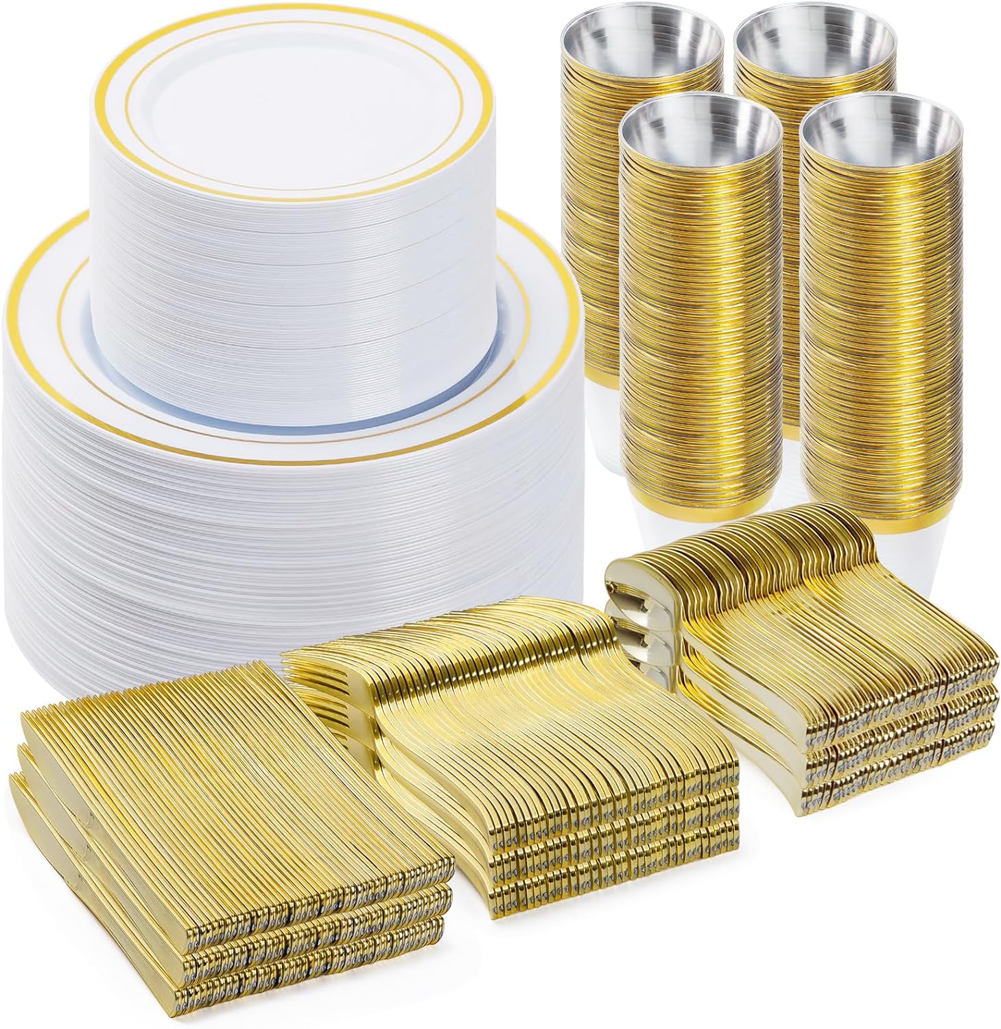 600PCS Plastic Dinnerware Set (100 Guests), Gold Disposable Plates for Party, Wedding, Anniversary, Includes: Dinner Plates, Dessert Plates, Cups, Spoons, Forks and Knives