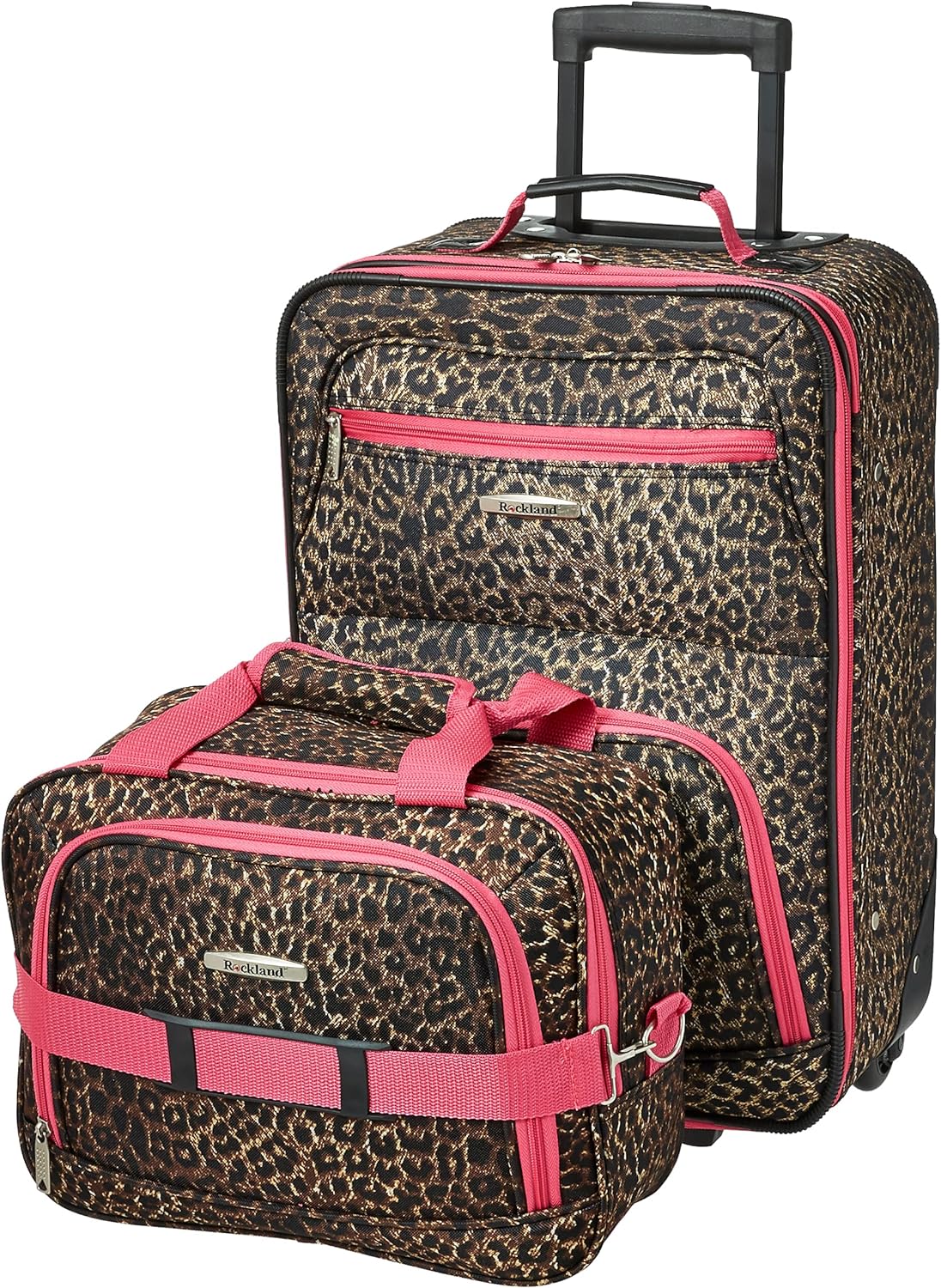 Rockland Fashion Softside Upright Luggage Set, Expandable,Lightweight,Telescopic Handle,Wheel, Pink Leopard, 2-Piece (14/19)