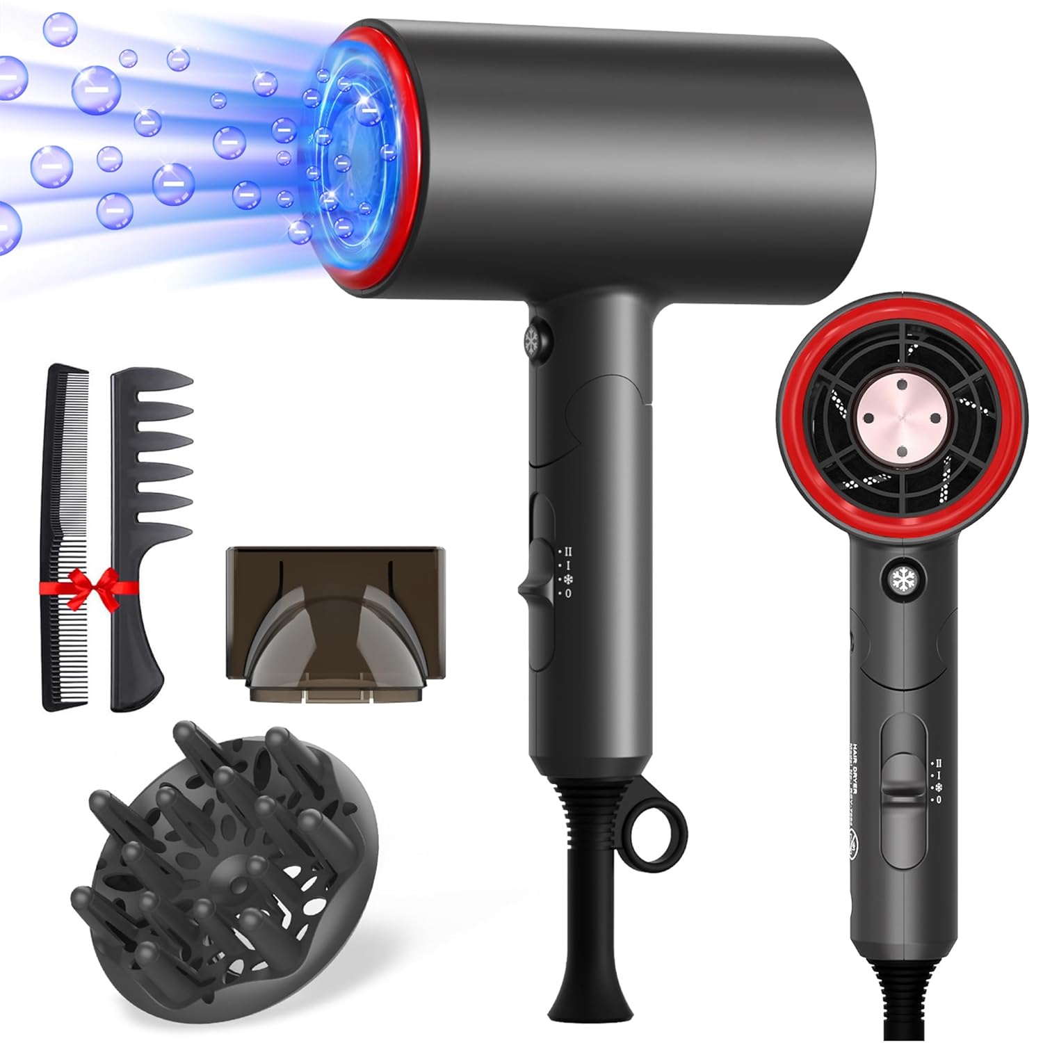 Hair Dryer - 1800W Professional Blow Dryer, Ions Diffuser Hair Dryer, Fast Drying, Portable Hair Dryer with Diffuser and Concentrator, Low Noise Hair Care Thermostat Travel Hair Dryer for Women Men