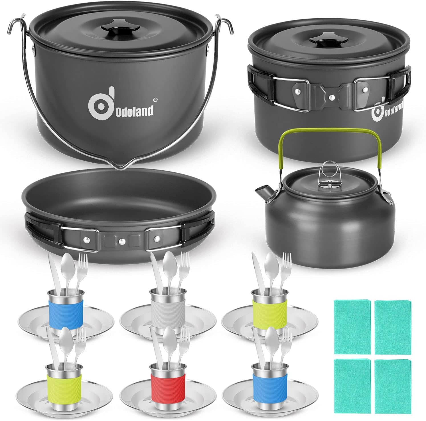 Odoland 39pcs Camping Cookware Mess Kit, Non-Stick Large Size Hanging Pot Pan Kettle with Base Dinner Cutlery Sets for 6 and More, Cups Dishes Forks Spoons Kit for Outdoor Camping Hiking Picnic