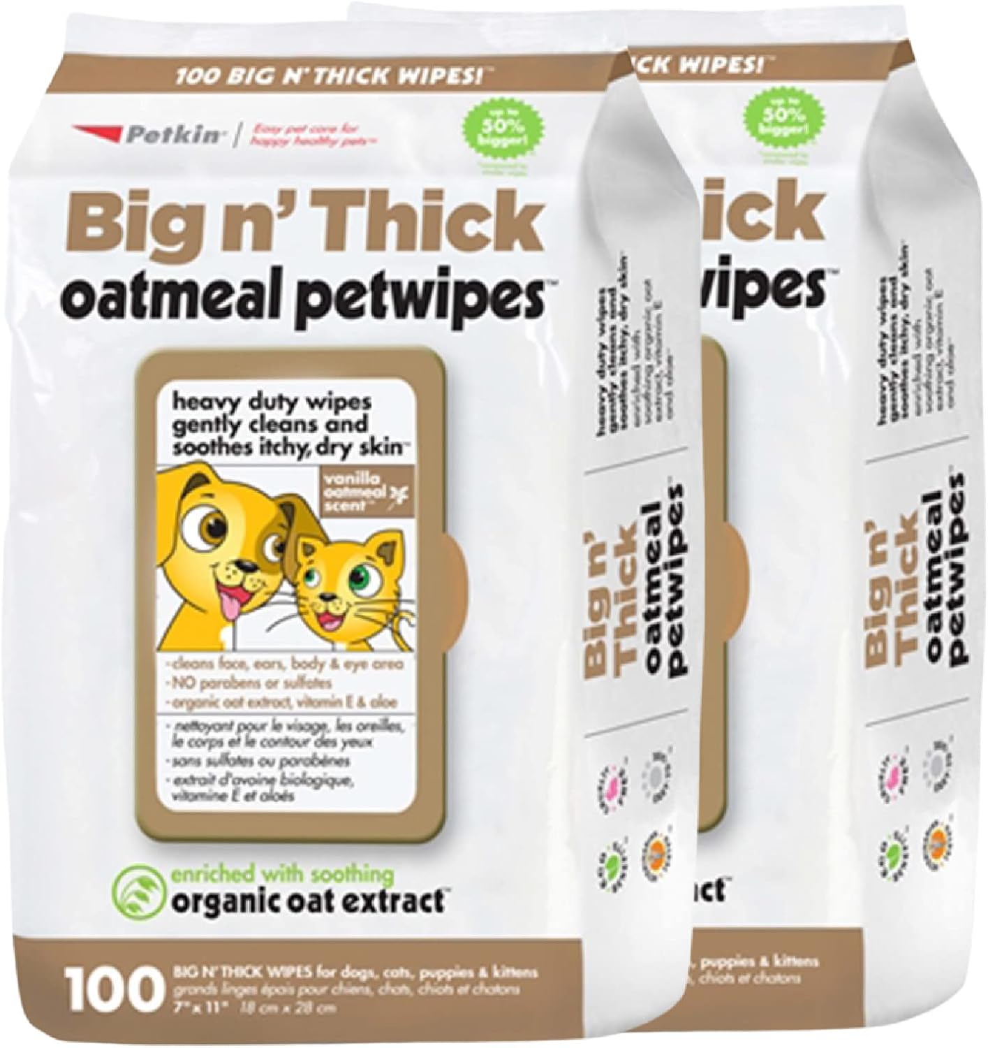 Petkin Pet Wipes for Dogs and Cats, 200 Wipes (Large)  Oatmeal Pet Wipes for Dogs and Cats  Soothes Itchy Dry Skin and Cleans Ears, Face, Butt, Body and Eye Area  2 Packs of 100 Wipes