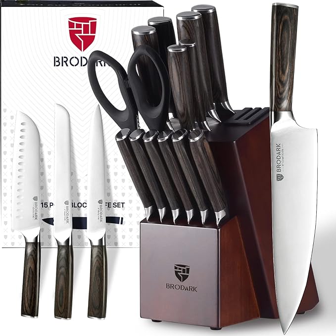 Kitchen Knife Set with Block, Food Grade 15 Pcs German Stainless Steel Professional Chef Knife Set with Knife Sharpener, Full Tang Knife Block Set, Gift Box