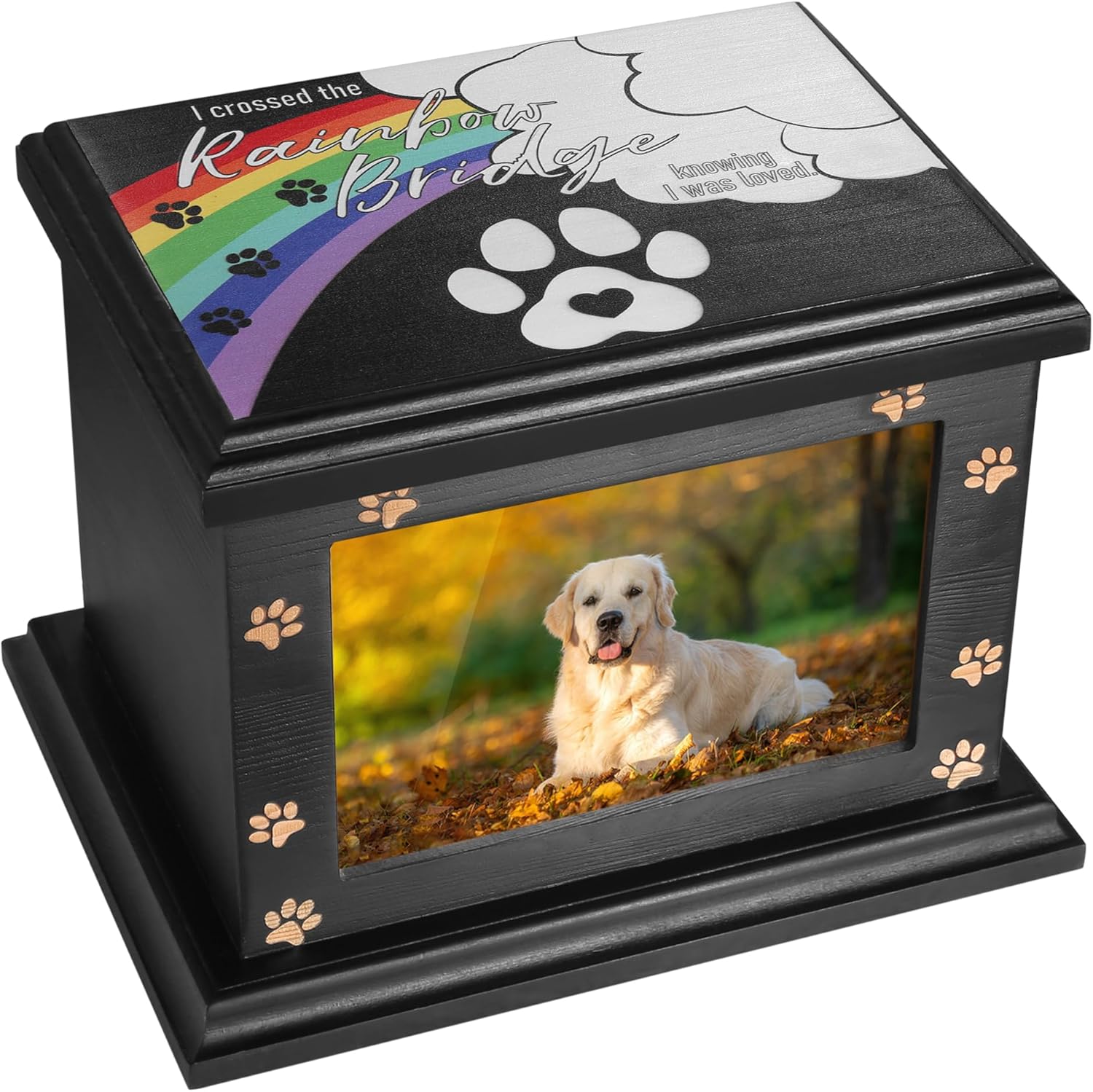 Pet Memorial Urns for Dogs or Cats Ashes, Large Wooden Funeral Pets Memorial Urns with Photo Frame, Cremation Urns Keepsake Memory Box for Loss Pets, Casket Burial Ashes Urn for Pets