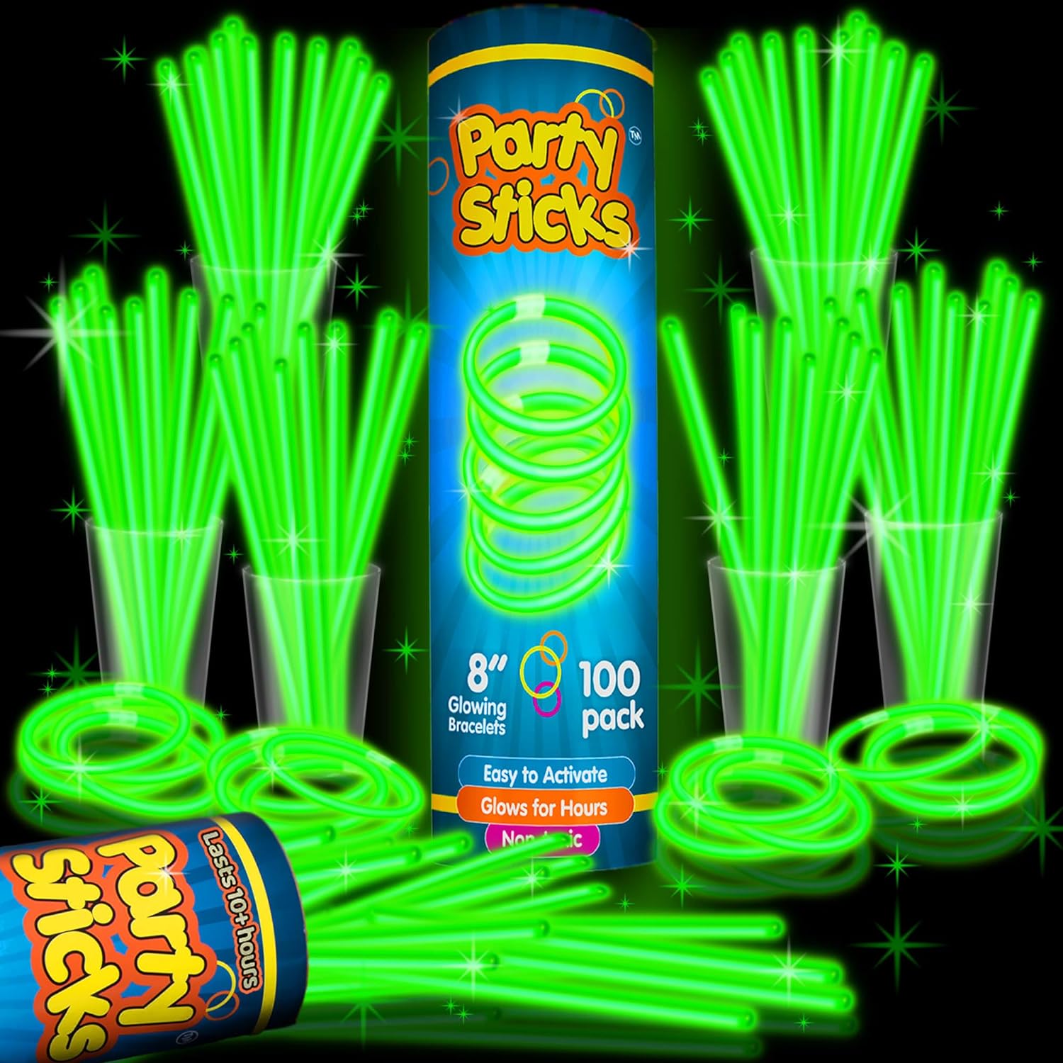 PartySticks Green Glow Sticks Party Supplies 100pk - 8 Inch Glow in the Dark Light Up Sticks Party Favors, Glow Party Decorations, Neon Party Glow Necklaces and Glow Bracelets with Connectors