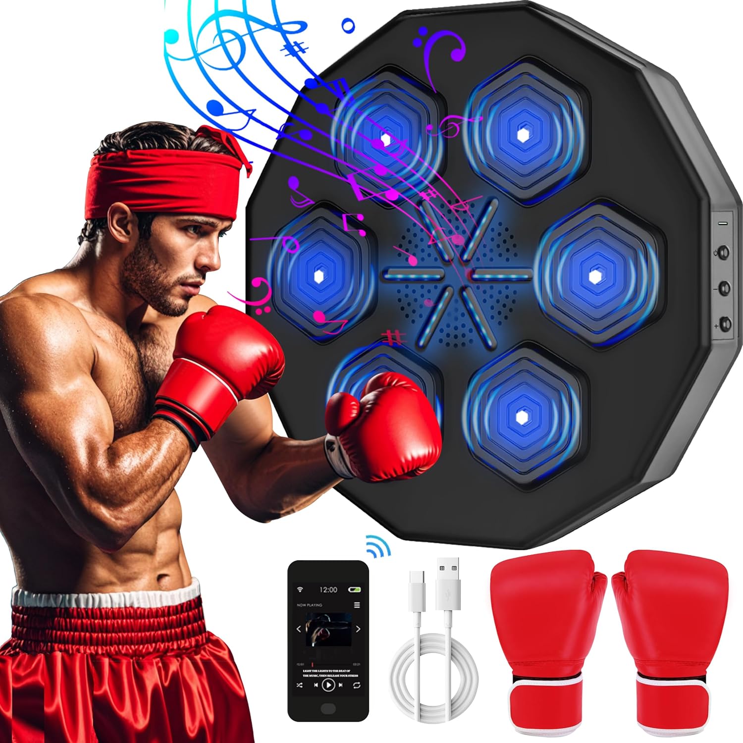 Music Boxing Machine,Smart Bluetooth Boxing Machine Trainer Wall Mounted with Boxing Gloves,Electronic Boxing Target Workout Punching Equipment for Kids and Adult Home Indoor Gym