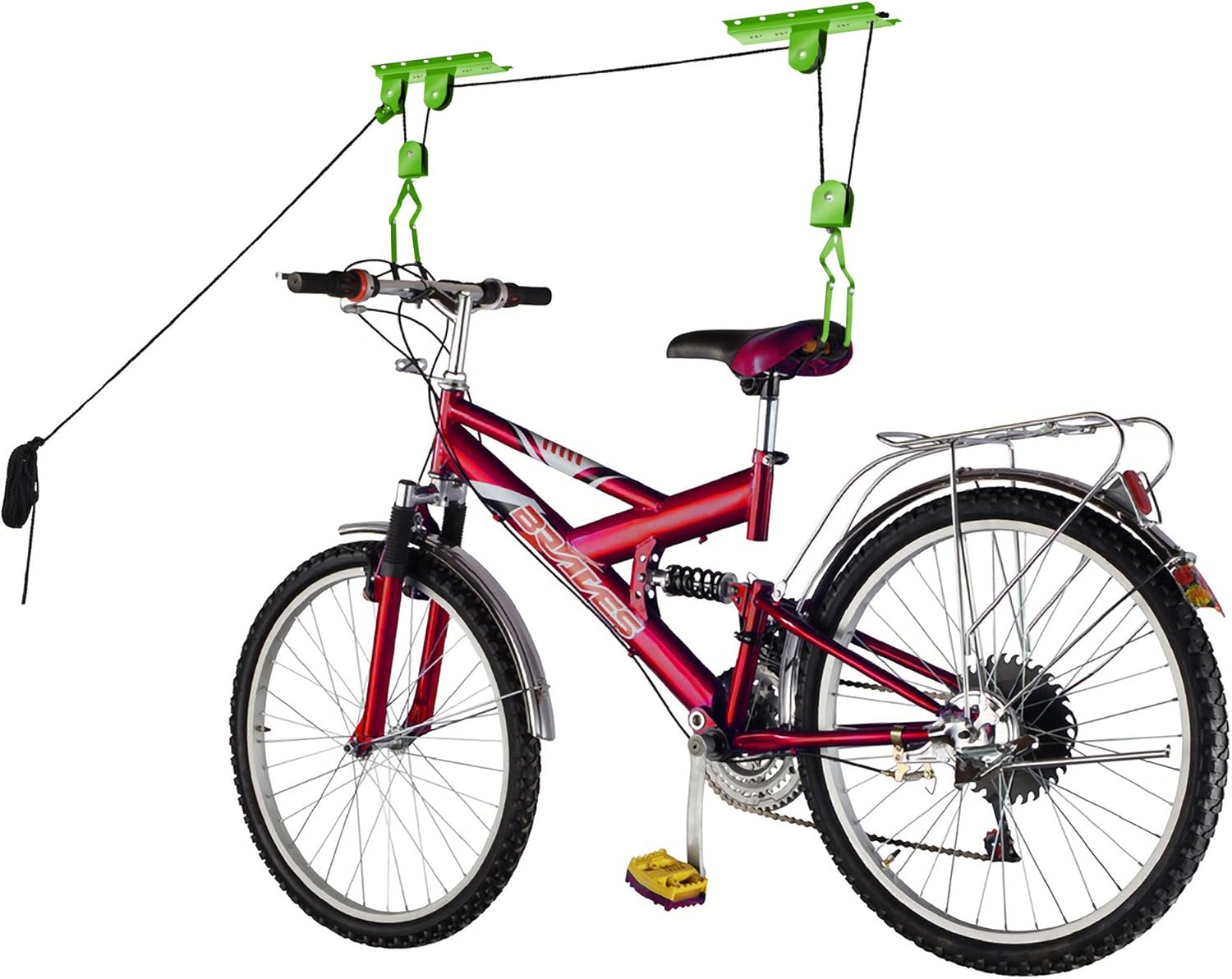 Bike Hanger - Overhead Pulley System with 100lbs Capacity for Bicycles and Ladders - Secure Garage Ceiling Storage by Rad Sportz, Green